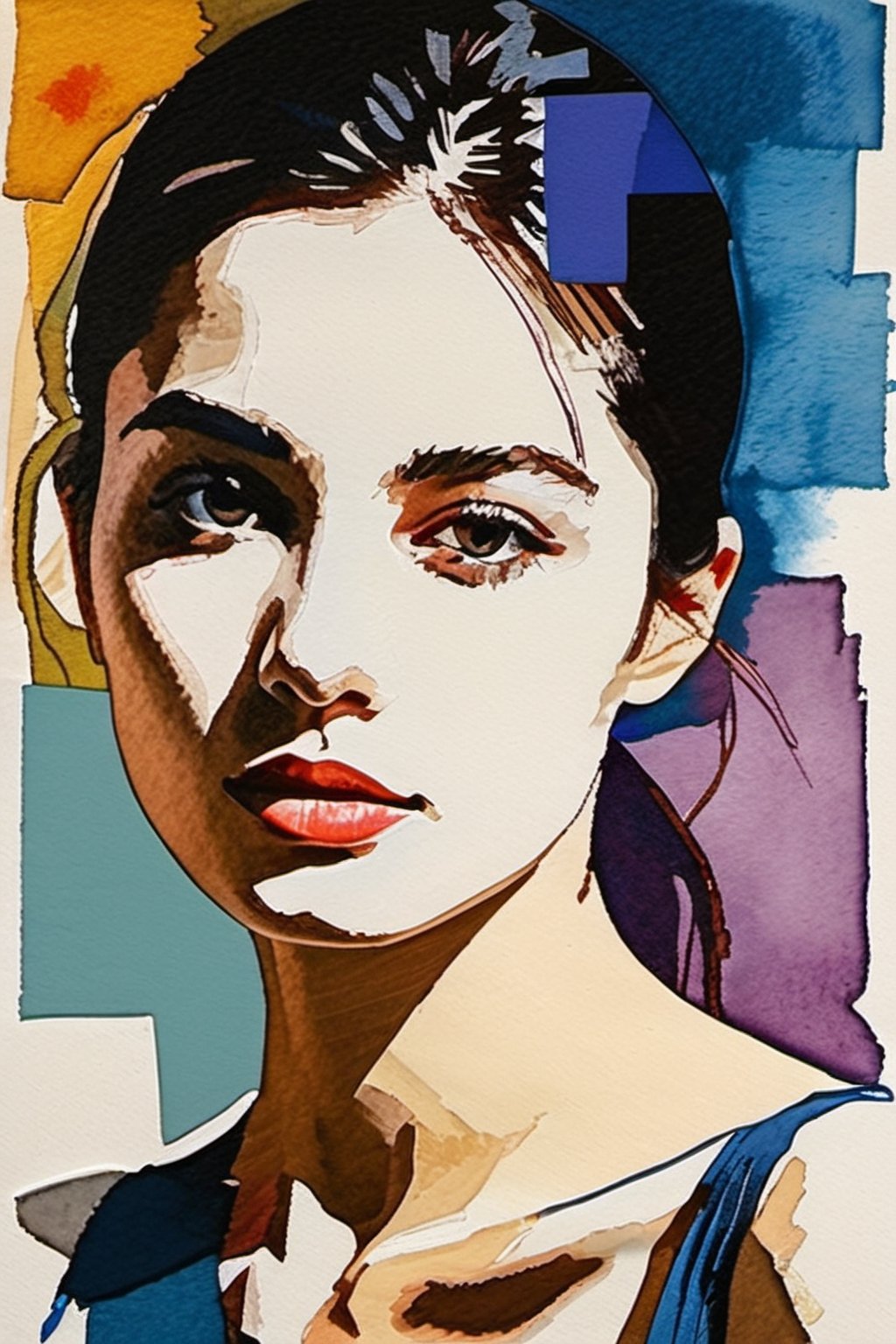 a drawing of a woman, portrait, lookin at the camera, colorful, hints of oil painting style, hints of watercolor style, brush strokes, negative white space, captivating beauty, crisp, sharp, textured collage, layered fibers, post-impressionist, hyper-realism, 