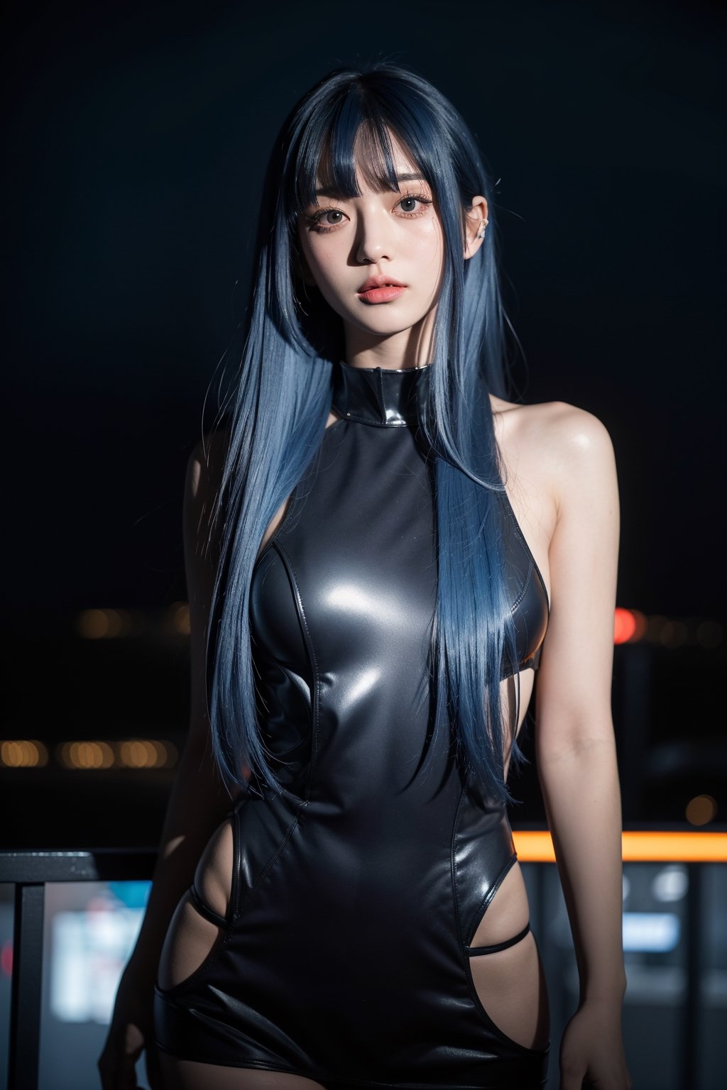 1girl,  long blue hair, (bangs:1.2),  half body,  showcase,  Tokyo tower,  Night,  low key lighting,  dutch angle,  , FilmGirl, mggirl, Mecha body, dream_girl, xxmixgirl
