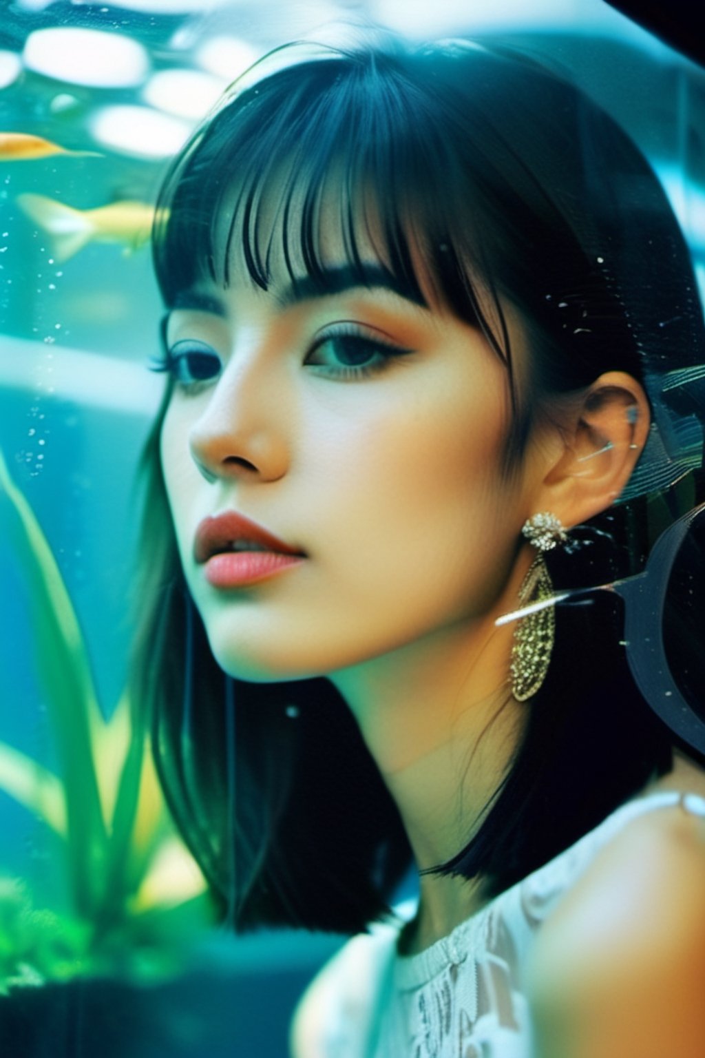 (Double exposure:1.3) 1girl, bangs,35mm,aquarium,aesthetic portrait,Vogue