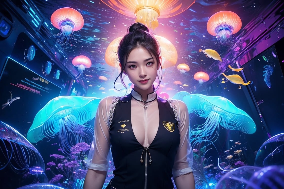 photo realistic, full color, (cyber punk:1.3, neon lighting, fractal illumination:1.23), dynamic posing, upper body from below, (OverallDetail:1.1), (floating glowing jellyfish and fish in the midnight aquarium:1.23), (a smiling exquisitely beautiful European actress enjoys in arch shaped glass corridor of a midnight aquarium and wearing half-sleeves school uniform :1.23), abs waist, blonde color Low bun, (fair skin:1.1), (slim face:1.1), (yellow eyes clear eyes:1.1, symmetrical eyes), long nose.,