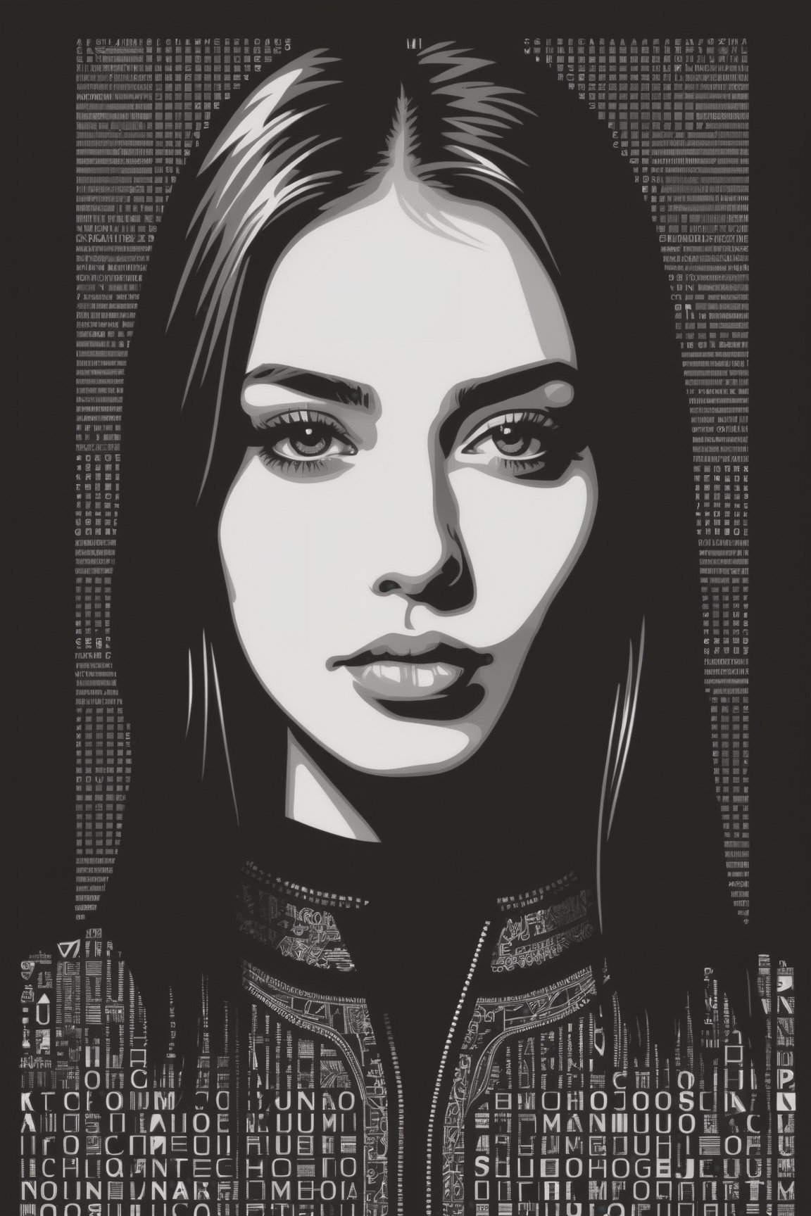 1girl,portrait composed of typographical elements,ASCII art aesthetic,monochrome,intricate details,creative use of letter shapes and negative space,high contrast,post-digital,