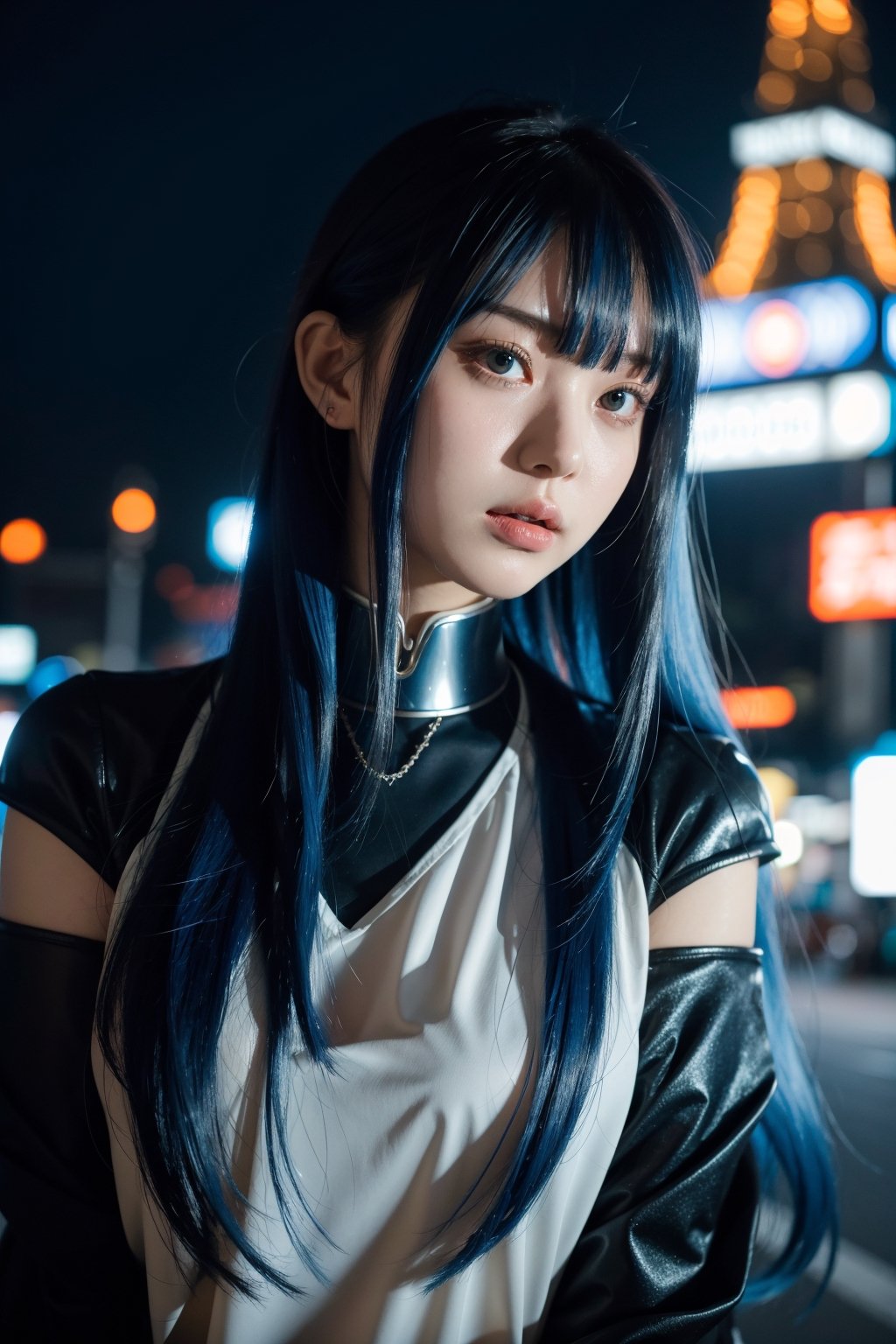 1girl,  long blue hair, (bangs:1.2),  half body,  showcase,  Tokyo tower,  Night,  low key lighting,  dutch angle,  , FilmGirl, mggirl, Mecha body, dream_girl, xxmixgirl
