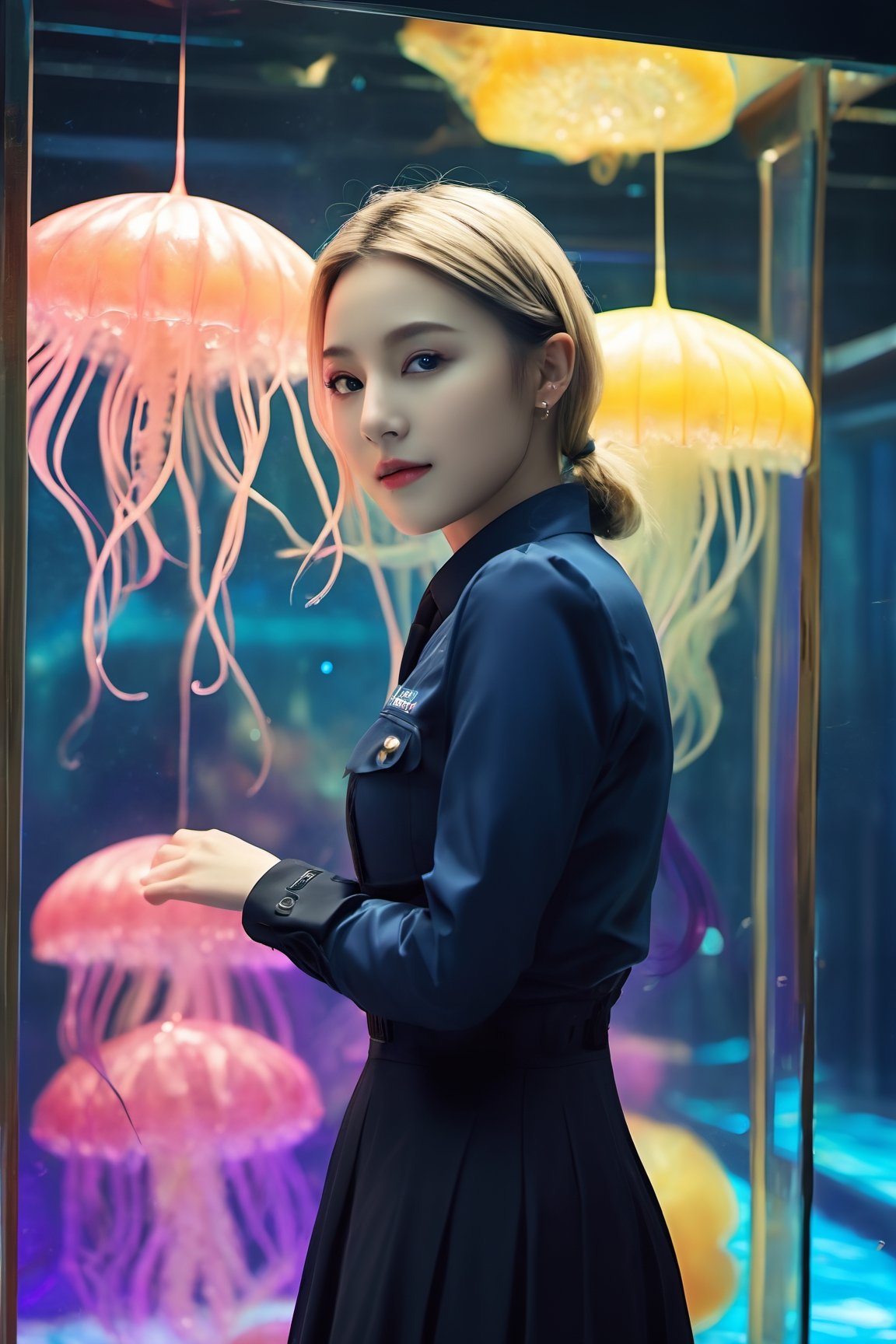 photo realistic, full color, (cyber punk:1.3, neon lighting, fractal illumination:1.23), dynamic posing, upper body from below, (OverallDetail:1.1), (floating glowing jellyfish and fish in the midnight aquarium:1.23), (a smiling exquisitely beautiful European actress enjoys in arch shaped glass corridor of a midnight aquarium and wearing half-sleeves school uniform :1.23), abs waist, blonde color Low bun, (fair skin:1.1), (slim face:1.1), (yellow eyes clear eyes:1.1, symmetrical eyes), long nose.,