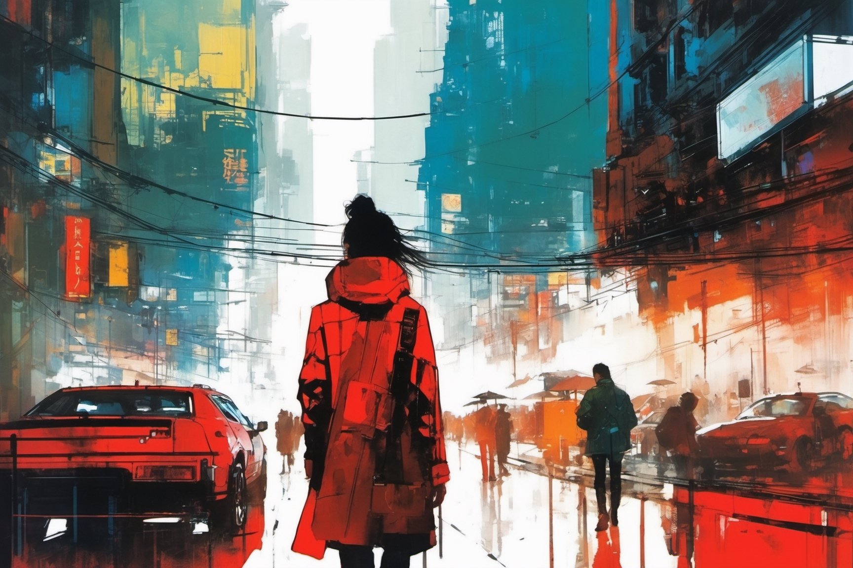 (double_exposure:1.5), blade runner city and  close up face of 1girl, art by Ian McQue,cyberpunk city,red fuzzy coat,Taipei 101,