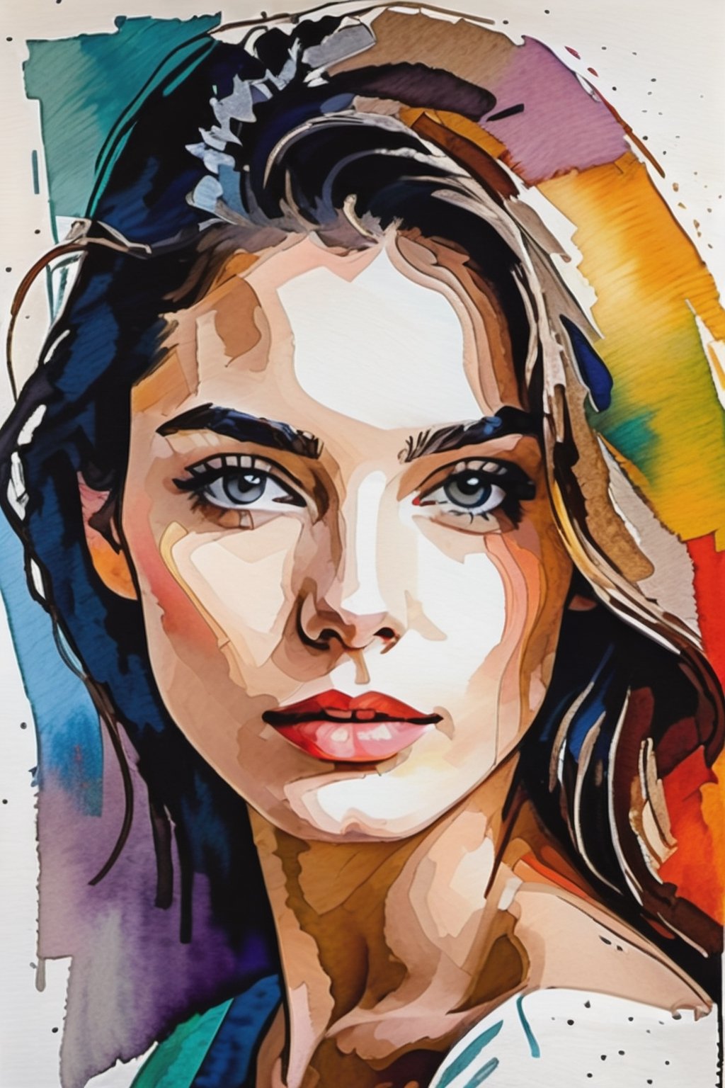 a drawing of a woman, portrait, lookin at the camera, colorful, hints of oil painting style, hints of watercolor style, brush strokes, negative white space, captivating beauty, crisp, sharp, textured collage, layered fibers, post-impressionist, hyper-realism, 