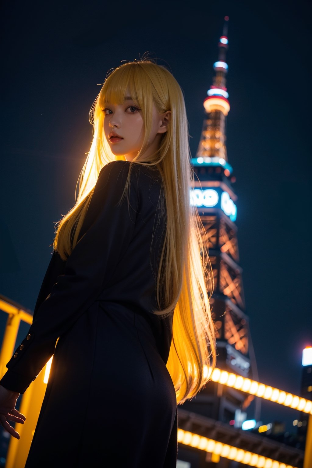 1girl,  long yellow hair, (bangs:1.2),  half body,  showcase,  Tokyo tower,  Night,  low key lighting,  dutch angle,  , FilmGirl, mggirl, Mecha body, dream_girl, xxmixgirl
