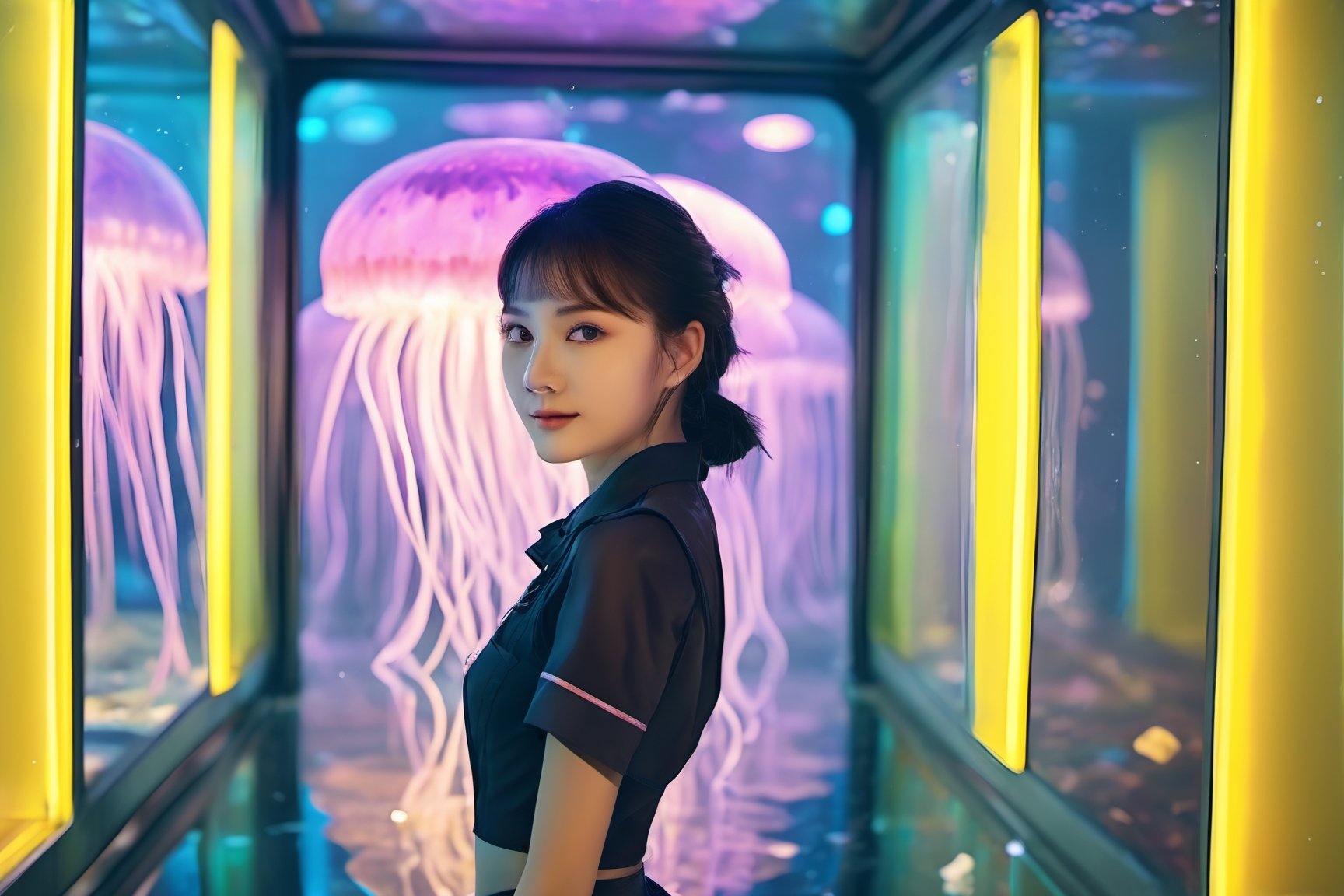 photo realistic, full color, (cyber punk:1.3, neon lighting, fractal illumination:1.23), dynamic posing, upper body from below, (OverallDetail:1.1), (floating glowing jellyfish and fish in the midnight aquarium:1.23), (a smiling exquisitely beautiful European actress enjoys in arch shaped glass corridor of a midnight aquarium and wearing half-sleeves school uniform :1.23), abs waist, blonde color Low bun, (fair skin:1.1), (slim face:1.1), (yellow eyes clear eyes:1.1, symmetrical eyes), long nose.,