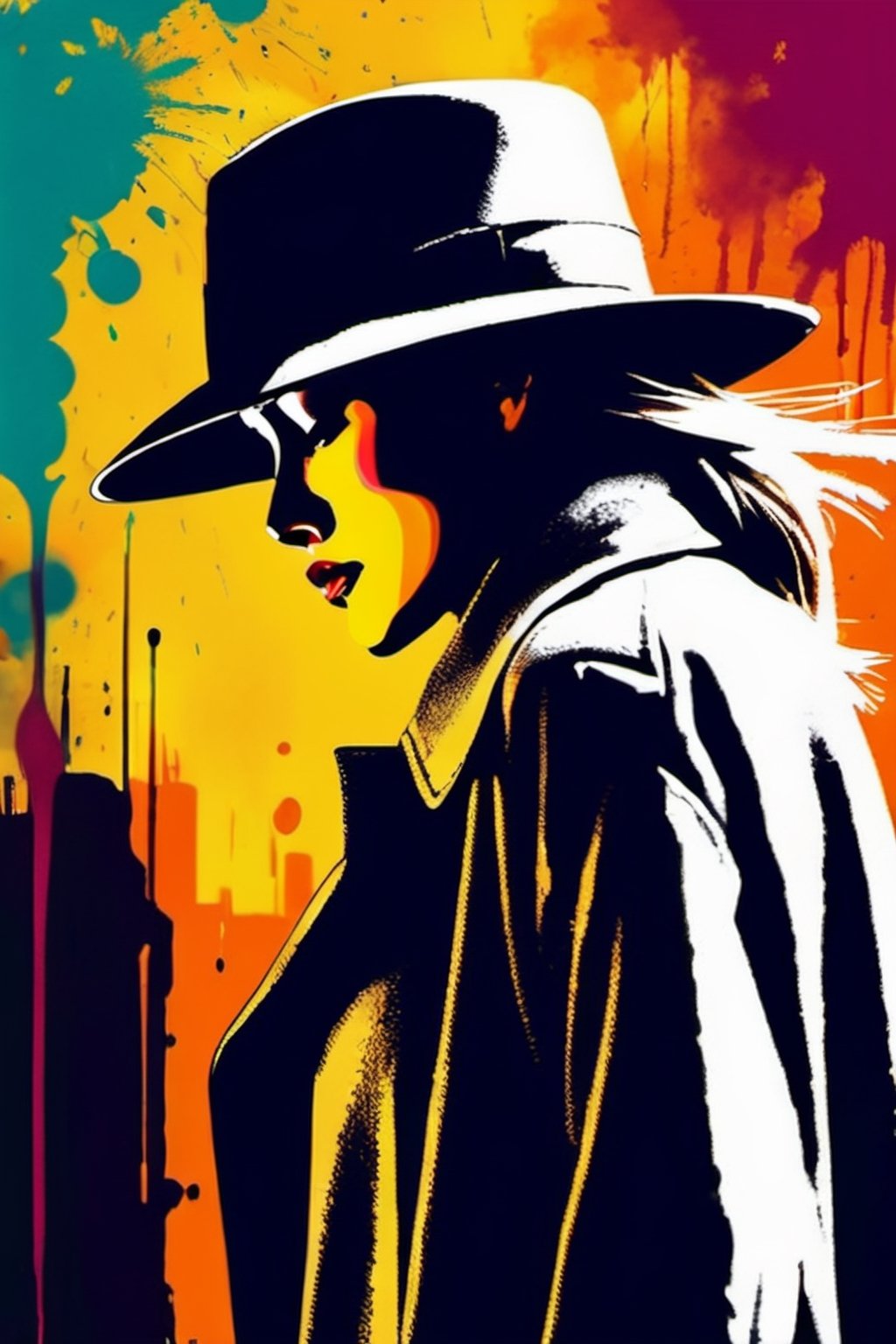 (ink color portrait:1.1), wanderer in a moody street portrait, a stylish determined woman in a trench coat and hat, (abstract color ink splash explosion:1.2)