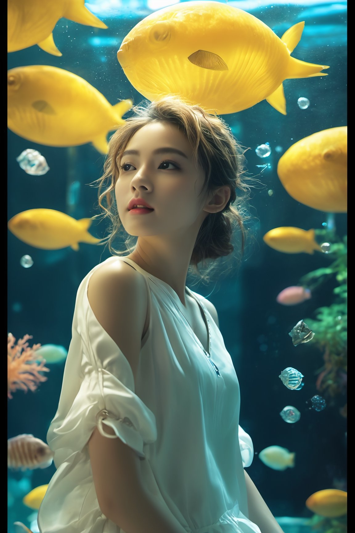 photo realistic, full color, (cyber punk:1.3, neon lighting, fractal illumination:1.23), dynamic posing, upper body from below, (OverallDetail:1.1), (floating glowing jellyfish and fish in the midnight aquarium:1.23), (a smiling exquisitely beautiful European actress enjoys in arch shaped glass corridor of a midnight aquarium and wearing half-sleeves school uniform :1.23), abs waist, blonde color Low bun, (fair skin:1.1), (slim face:1.1), (yellow eyes clear eyes:1.1, symmetrical eyes), long nose.,