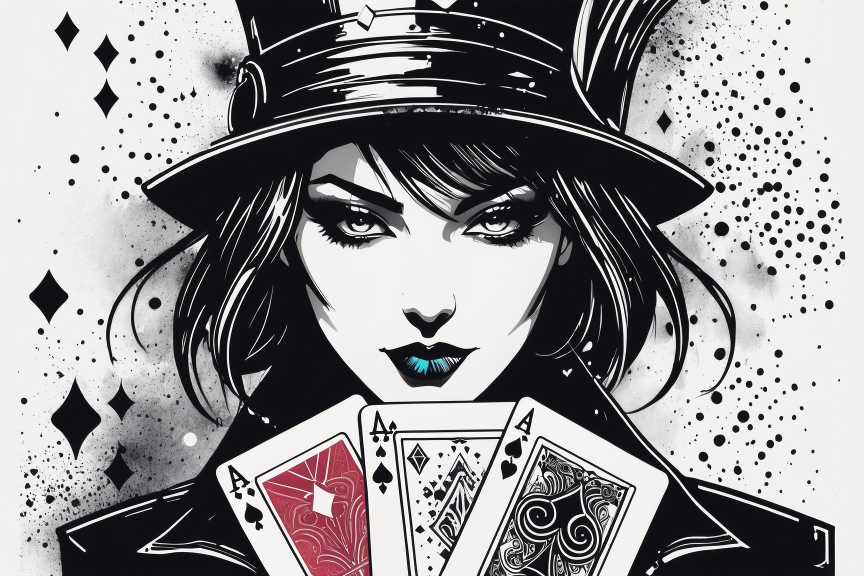 1girl, magician, show a deck of card, ink spary,ace of spade,floating dust,aw0k euphoric style,cyberpunk style