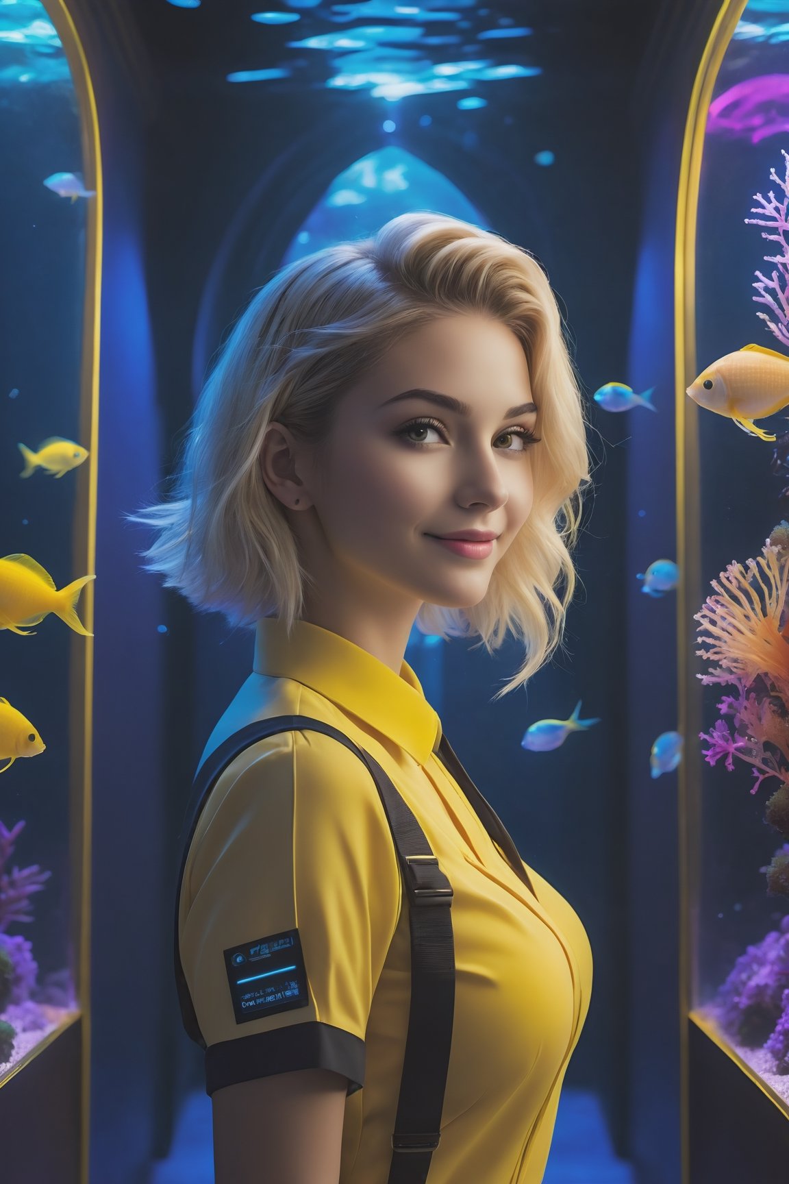 photo realistic, full color, (cyber punk:1.3, neon lighting, fractal illumination:1.23), dynamic posing, upper body from below, (OverallDetail:1.1), (floating glowing jellyfish and fish in the midnight aquarium:1.23), (a smiling exquisitely beautiful European actress enjoys in arch shaped glass corridor of a midnight aquarium and wearing half-sleeves school uniform :1.23), abs waist, blonde color Low bun, (fair skin:1.1), (slim face:1.1), (yellow eyes clear eyes:1.1, symmetrical eyes), long nose.,