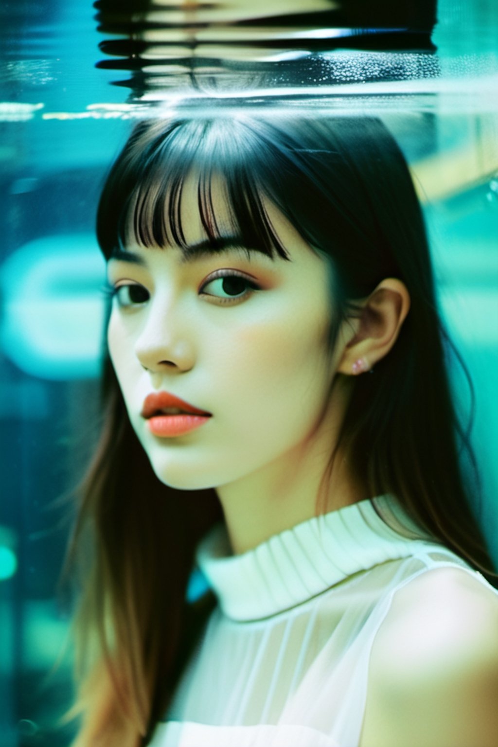 (Double exposure:1.3) 1girl, bangs,35mm,aquarium,aesthetic portrait,Vogue