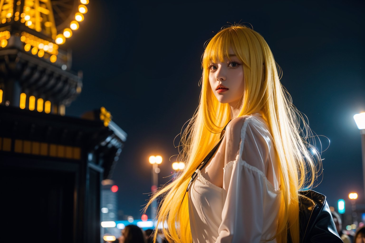 1girl,  long yellow hair, (bangs:1.2),  half body,  showcase,  Tokyo tower,  Night,  low key lighting,  dutch angle,  , FilmGirl, mggirl, Mecha body, dream_girl, xxmixgirl
