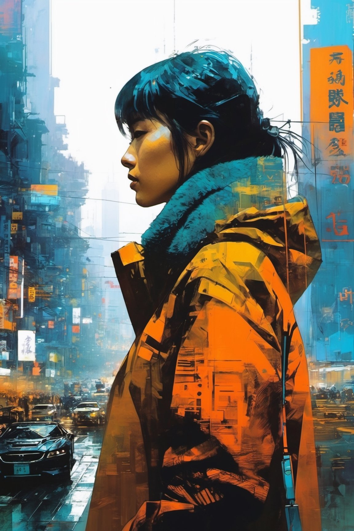 (double_exposure:1.5), blade runner city and  close up face of 1girl, art by Ian McQue,cyberpunk city,fuzzy coat,Taipei 101,