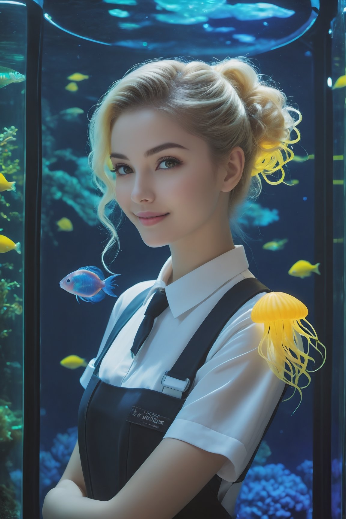 photo realistic, full color, (cyber punk:1.3, neon lighting, fractal illumination:1.23), dynamic posing, upper body from below, (OverallDetail:1.1), (floating glowing jellyfish and fish in the midnight aquarium:1.23), (a smiling exquisitely beautiful European actress enjoys in arch shaped glass corridor of a midnight aquarium and wearing half-sleeves school uniform :1.23), abs waist, blonde color Low bun, (fair skin:1.1), (slim face:1.1), (yellow eyes clear eyes:1.1, symmetrical eyes), long nose.,