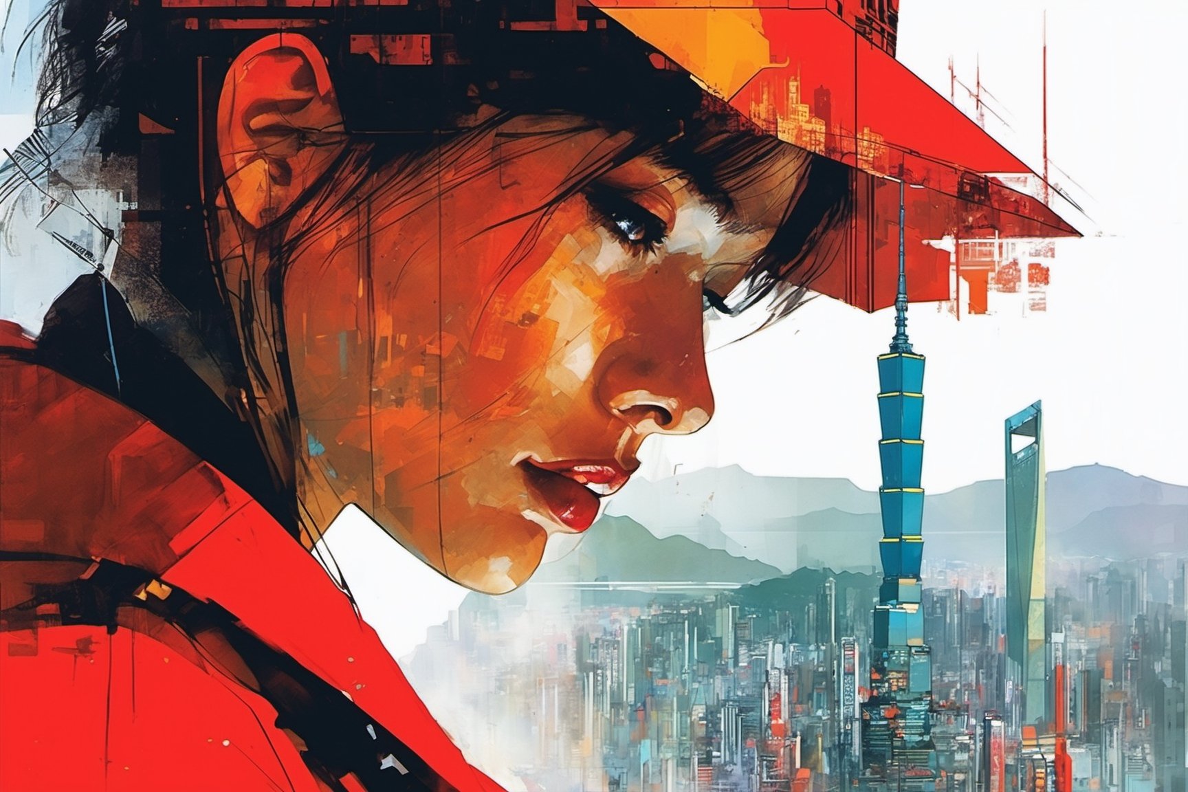 (double_exposure:1.5), blade runner city and  close up face of 1girl, art by Ian McQue,cyberpunk city,red fuzzy coat,Taipei 101,