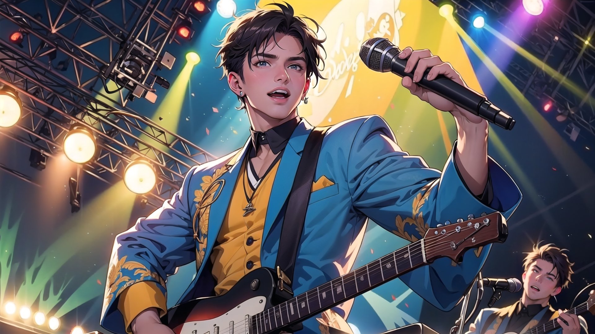 ((masterpiece)),((best quality)),an artwork of a male singer performing at a concert, dressed in a blue spectacular performance attire, holding a microphone and waving,looking at viewer,depth of field