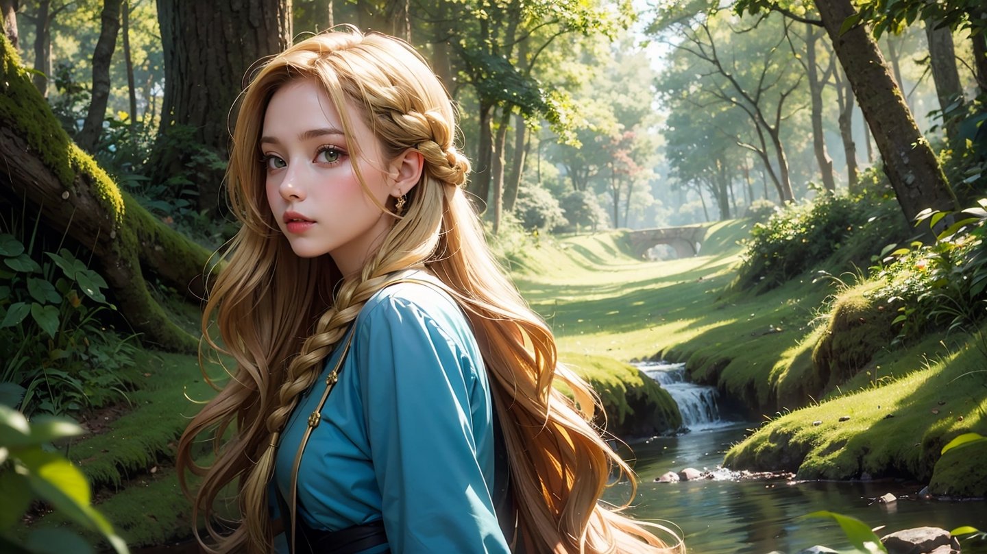 masterpiece, best quality,1girl,long hair,(golden_hair:1.4),flowing hair,braid_hair, elegant attire,Paint a picture of a hidden, mossy glade in a mountain forest, bathed in dappled sunlight,looking_at_viewer