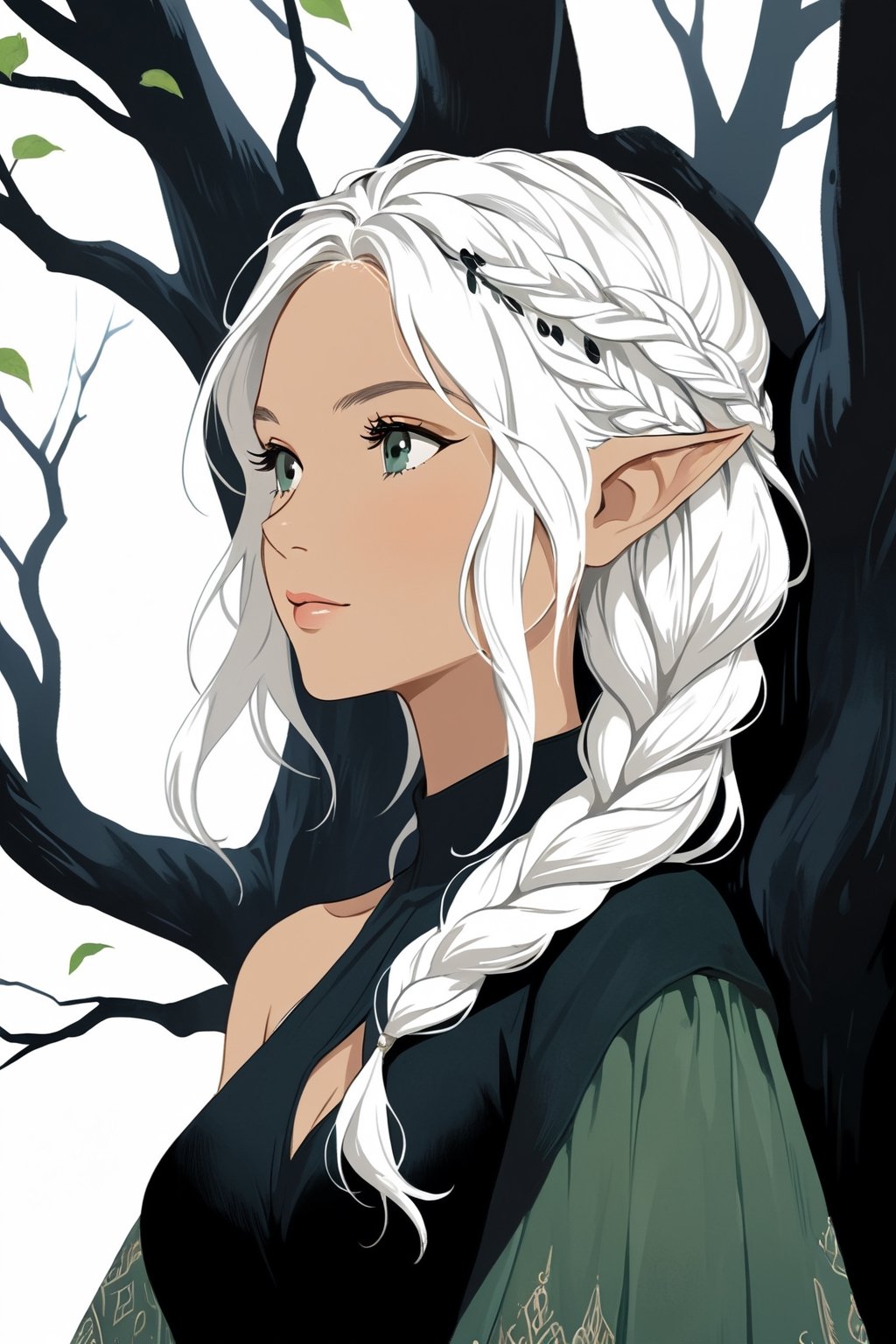 (masterpiece, high quality, 8K, high_res), ((ink and pencil drawning style)), solo, 
flat illustration, ultra detailed, perfect merge fantasy setting and fantasy character, realistic drawning style, fantasy elements. surreal, incredibly beautiful elven woman, elf ears, soft white hair, long braid hairstyle, completely detailed, standing under a tree and waiting for someone, organic interaction with the environment, looking away, Flat vector art, Leonardo Style, portraitart