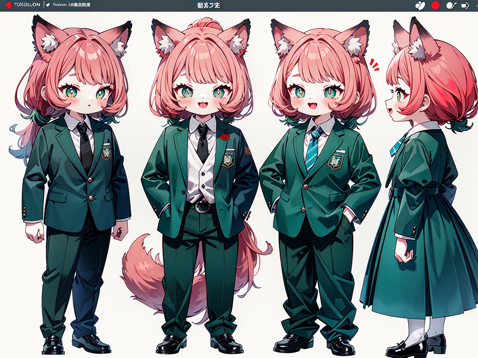 (Masterpiece, best quality, high resolution: 1.3), super resolution image, beautiful hand, perfect anatomy, human, five fingers, single person, (single person), (only 1 person), (head Twice the body), cute version, standing, (((whole body))), 4-year-old girl, furry, animal, wolf, wolf girl, white skin, human hands, wolf tail, wolf ears, handsome , aggression, aggression, cute naughty, wolf teeth, showing teeth, mischievous face, ((red hair)), center parting, high ponytail, ((green pupils)), women's suit, ((shirt)), ((black gold tie)), (black suit), (black suit jacket), office worker, ((white background)), FurryCore,nj5furry