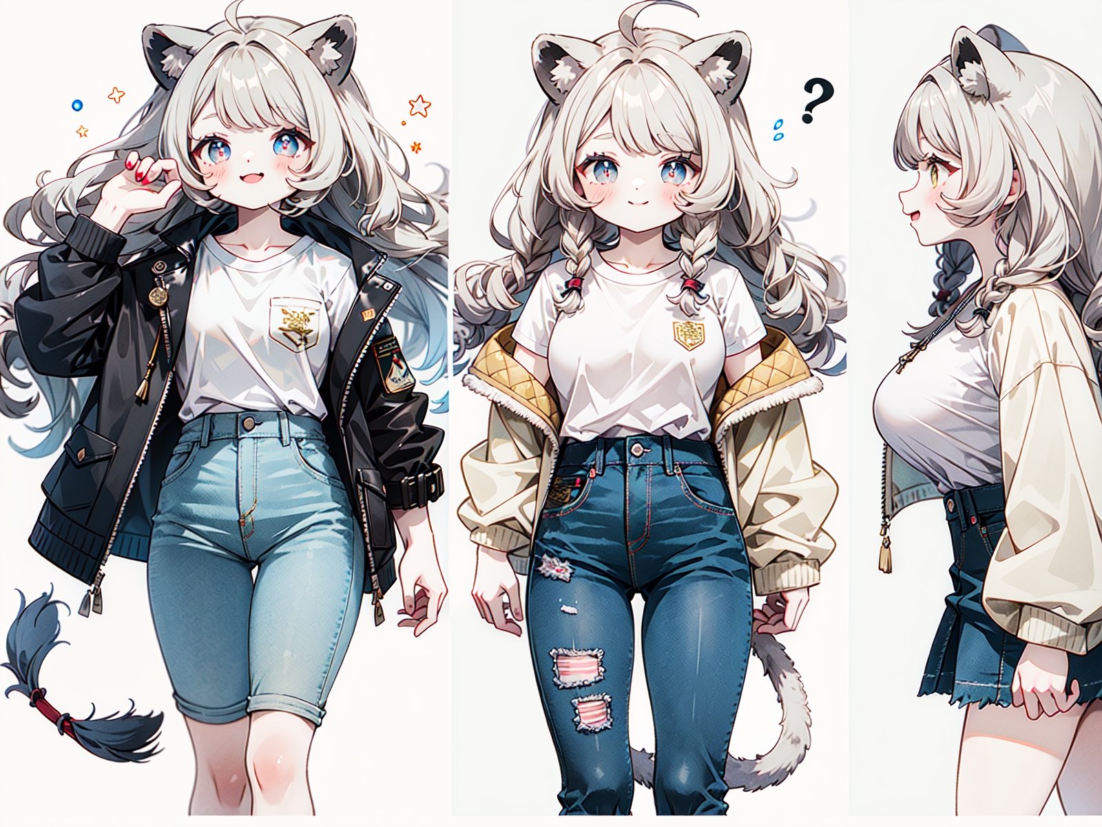 (masterpiece, best quality, high resolution: 1.3), super resolution image, beautiful hands, perfect anatomy, human, single, 1 person, 36 years old female, furry, animal, lion, lion girl, White skin, human hands, lion tail, lion ears, intellectual, mature atmosphere, calm, golden hair, deep smile, side parted, long curly hair, blue pupils, erotic atmosphere, C cup, thin waist, female, ( ( White shirt)), ((plain shirt)), ((casual jacket)), (jeans), white background, FurryCore,nj5furry
