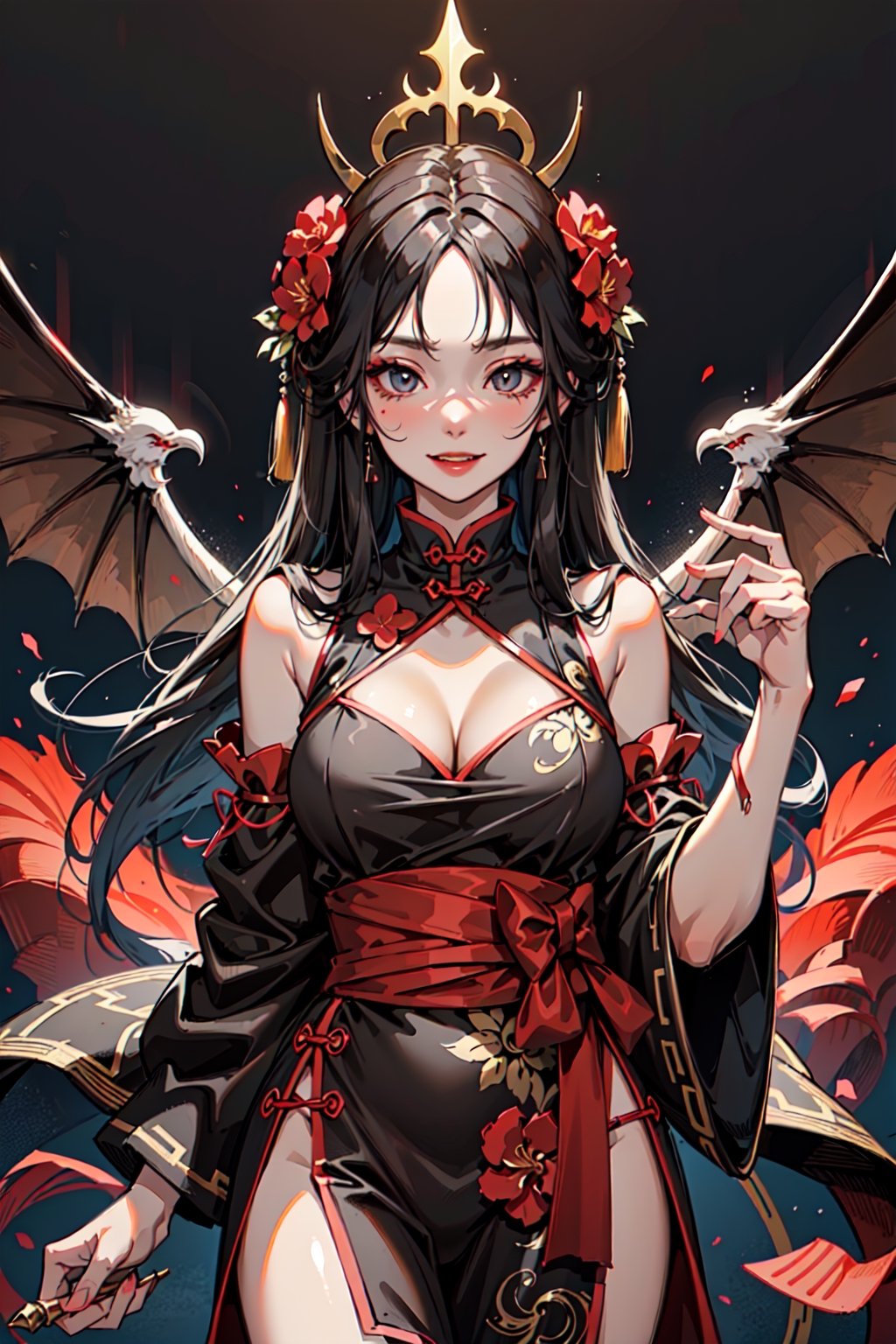 (High quality), (Beautiful composition), (Exquisite facial features), 35-year-old woman, black hair color, thin waist, charming smile, evil aura, Chinese god costume, greedy devil, temptation, hell background, helpless behind Ghost, movie-like atmosphere