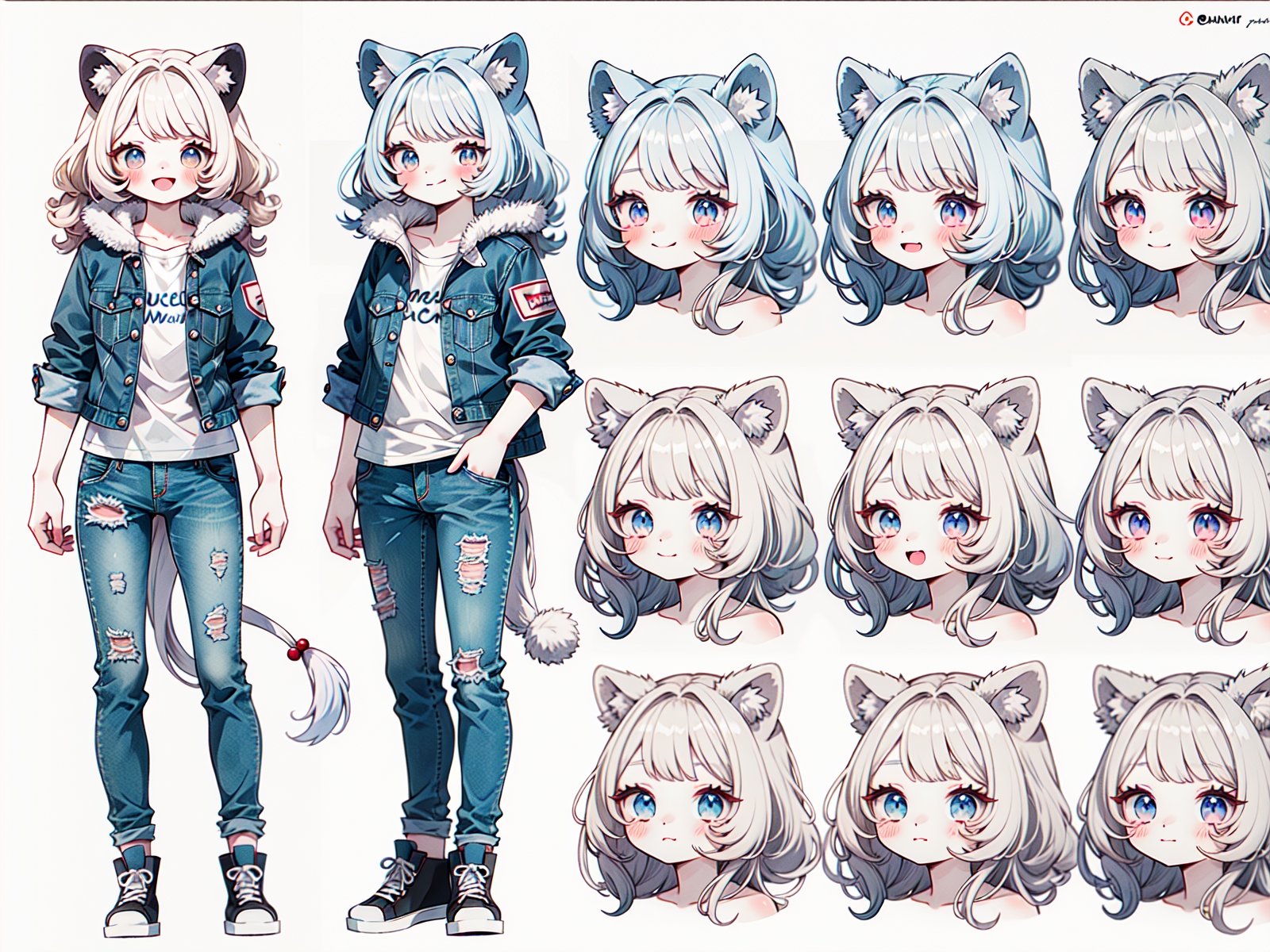 
(Masterpiece, best quality, high resolution: 1.3), super resolution image, beautiful hand, perfect anatomy, human, five fingers, single person, (single person), (only 1 person), (head Twice the body), cute body shape, standing, (((whole body))), 4-year-old girl, furry, animal, lion, lion girl, white skin, human hands, lion tail, lion ears, intellectual, Cute shy, introverted, blond hair, smile, side parted (showing forehead), long curly hair, blue eyes, female, ((shirt)), ((casual jacket)), (jeans), white background, FurryCore, nj5furry