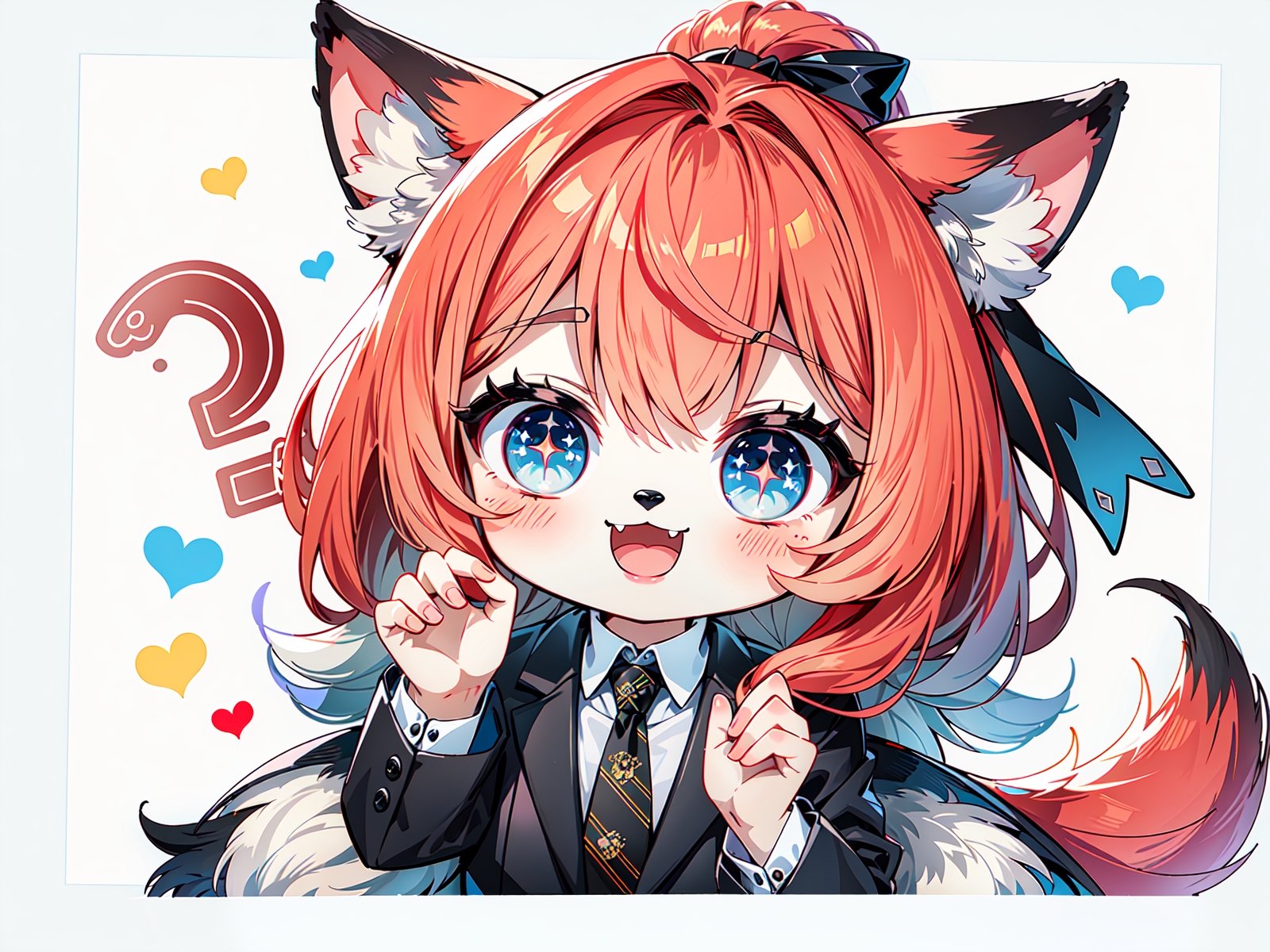 (Masterpiece, best quality, high resolution: 1.3), super resolution image, beautiful hands, perfect anatomy, human, single person, (single person), (only 1 person), (head twice as long as body ), cute body shape, 4-year-old girl, furry, animal, wolf, wolf girl, white skin, human hands, wolf tail, wolf ears, handsome, aggressive, offensive, cute temperament, mischief, wolf teeth, Gritting teeth, showing teeth, evil smile, ((red hair)), middle part, high ponytail, ((green pupils)), female suit, ((shirt)), ((black gold tie)), (black suit) ,office worker,((white background)),FurryCore,nj5furry,qzqban, chibi,guchen,bqb,masterpiece, 1girl