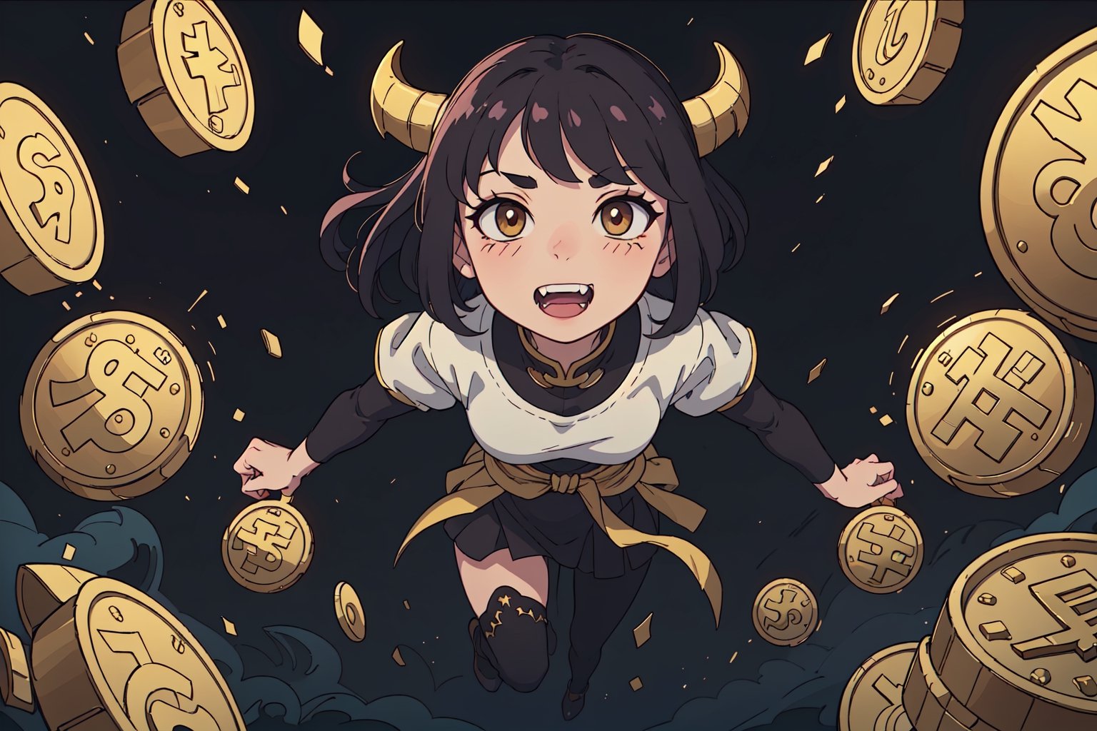 (High quality), (Beautiful composition), (Exquisite facial features), (Full body), 35-year-old female, black hair, fangs, thin waist, confident, white skin, charming smile, evil aura, Chinese god costume, Greedy demon, divine light, malevolence, gold coins, banknotes, gold, valuables, temptation, luxury hell, helpless ghost behind, fearful atmosphere, tilt, cinematic atmosphere, perfect light, special perspective,ANIME 