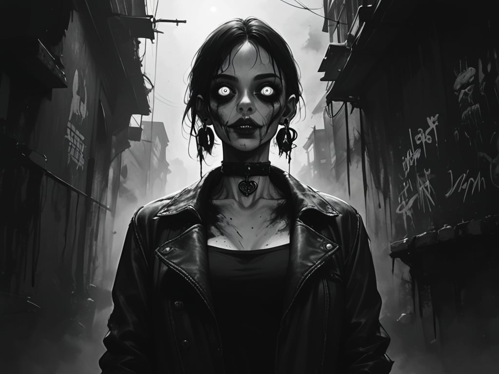 score_9, score_8_up, score_7_up,
txzndevil, horror \(theme\), monochrome, greyscale, 
1girl, solo,  earrings, sharp eyes, choker, open jacket,night, graffiti, dim lighting, alley, looking at viewer