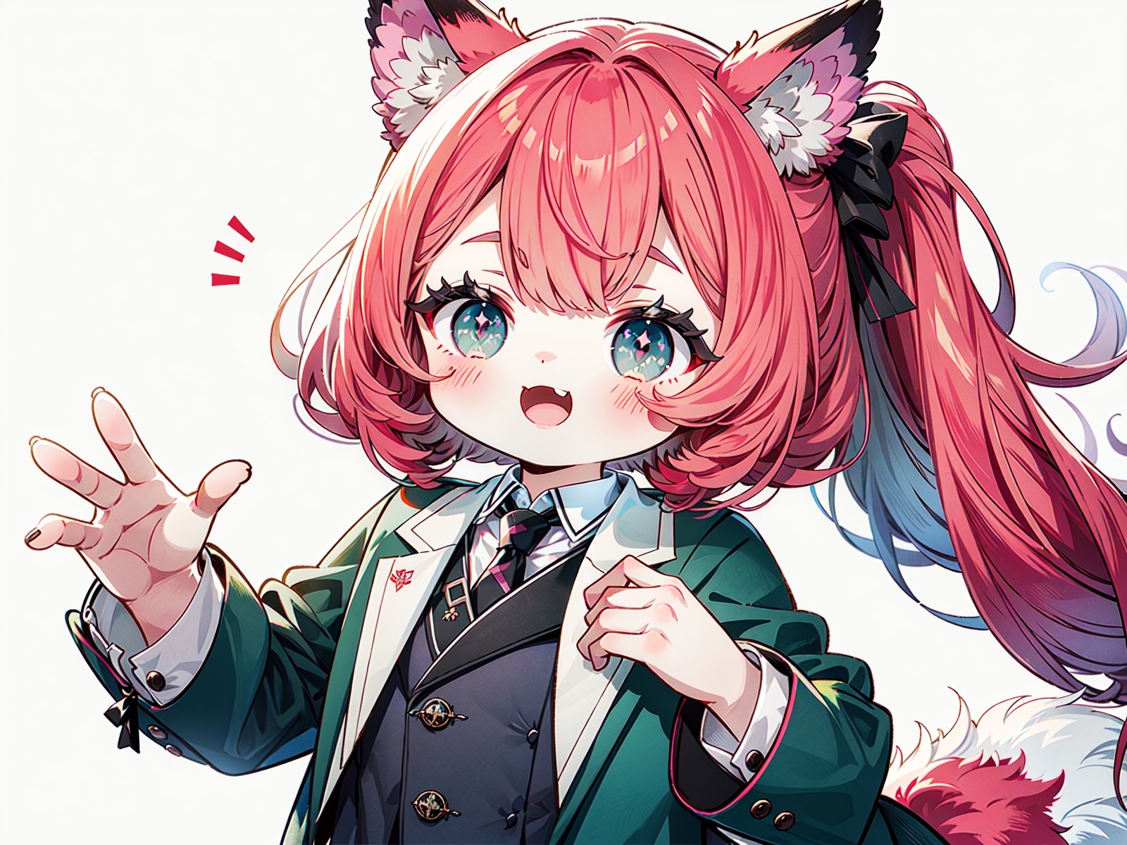 (Masterpiece, best quality, high resolution: 1.3), super resolution image, beautiful hands, perfect anatomy, human, single person, (single person), (only 1 person), (head twice as long as body ), cute version body shape, (whole body), 4-year-old girl, furry, animal, wolf, wolf girl, white skin, human hands, wolf tail, wolf ears, handsome, aggressive, aggressive, cute naughty, wolf Teeth, showing teeth, naughty face, ((red hair)), center parting, high ponytail, ((green pupils)), female suit, ((shirt)), ((black gold tie)), (black suit), Office worker, ((white background)), FurryCore,nj5furry