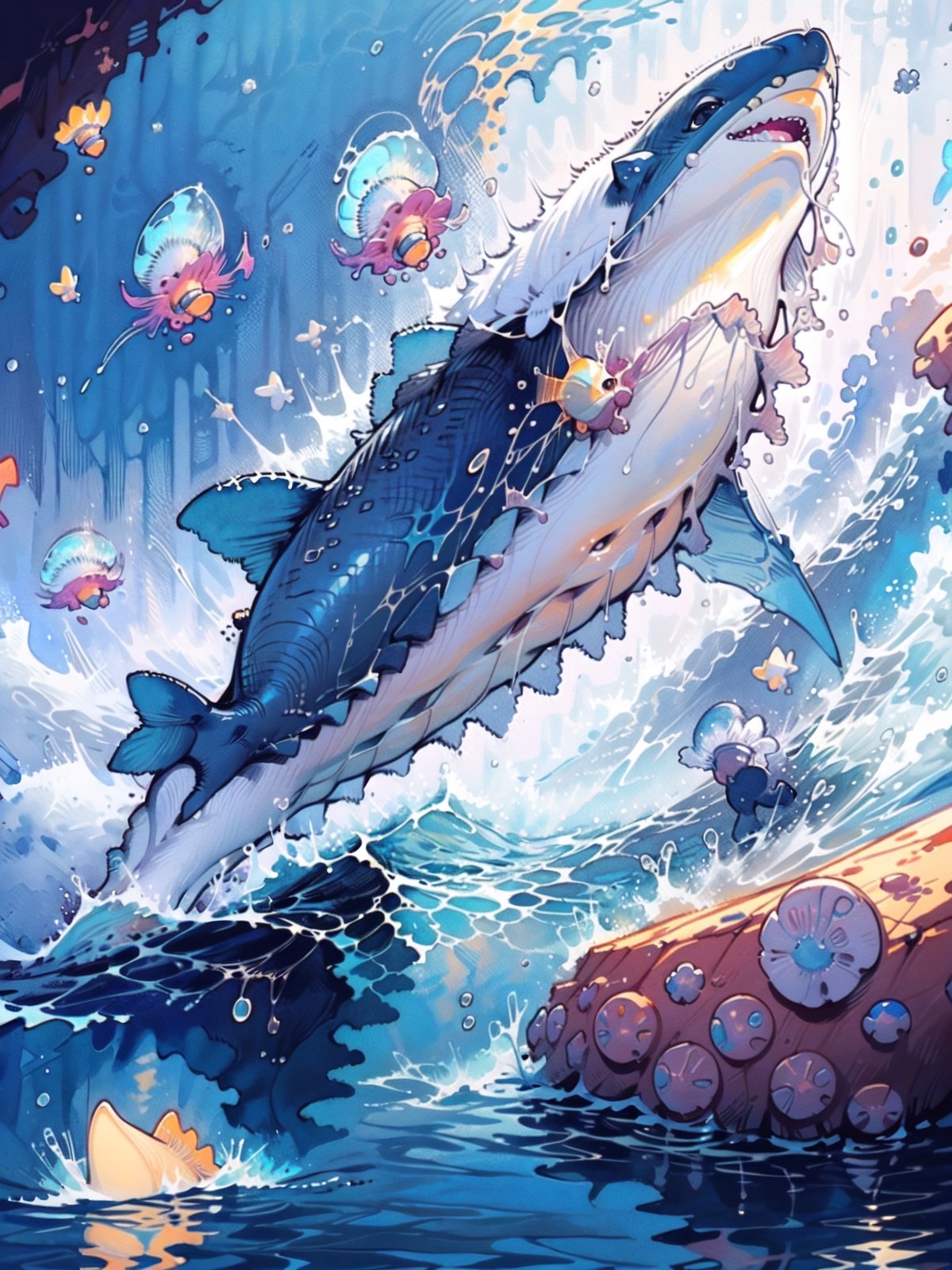 Painting of whales swimming in colorful ocean, Look up at the composition, Jellyfish and whales, Inspired by Cyril Rolando, A beautiful artwork illustration, author：Shitao, colorful concept art, Makoto Shinkai Cyrillo Rolando, In the style of Cyril Rolando, whale, Highly detailed watercolor 8K, highly detailed water colour 8 k,octane,the end,Realistic,8K,Estilo de Makoto Shinkai( reasonable design, clear lines, High- sharpness,Best quality, Very detailed, Master parts, movie light effect, 4K ),A boy and a girl swim at the bottom of the sea,dream magical,The fish,