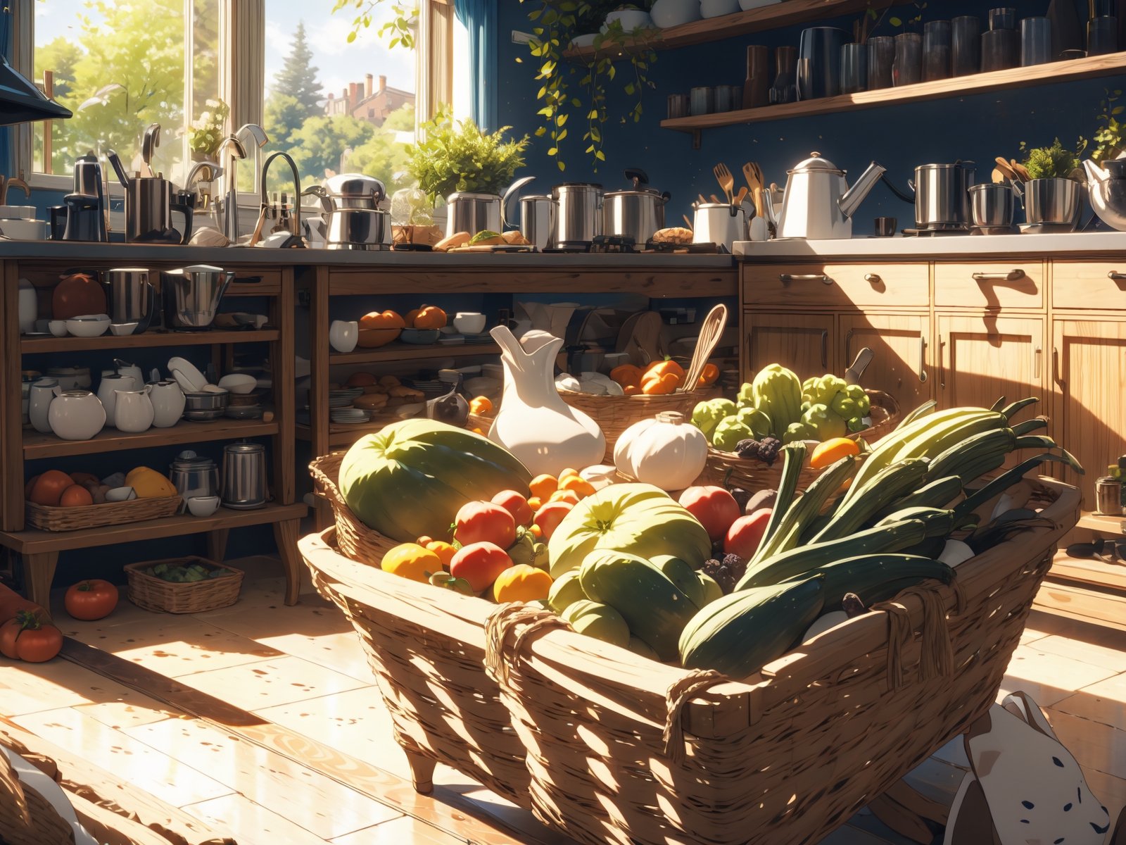 Creative details are a must. Exude the desired beauty, vegetable basket, abundance, kitchen floor, cinematic composition, perfect light, special perspective