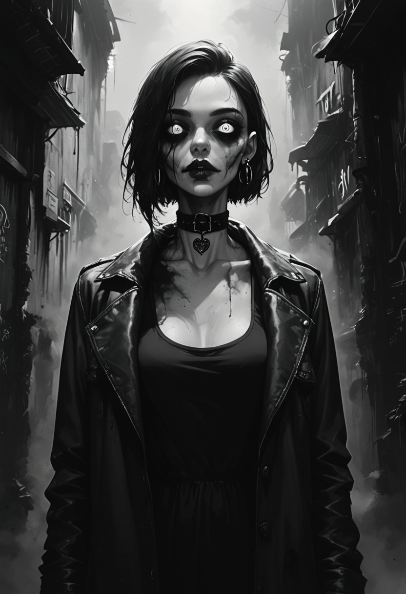 score_9, score_8_up, score_7_up,
txzndevil, horror \(theme\), monochrome, greyscale, 
1girl, solo,  earrings, sharp eyes, choker, open jacket,night, graffiti, dim lighting, alley, looking at viewer