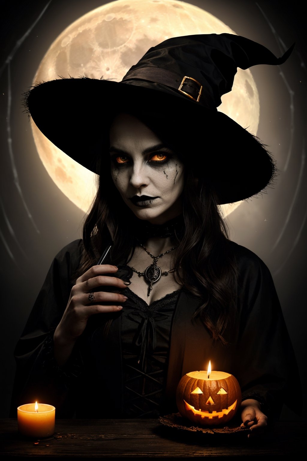 (halloween, vivid colors, dark atmosphere, spooky, witchcraft, magic, mystical, moonlit night, eerie mist, haunted, supernatural, candlelit, black cat, creepy, ghostly, mysterious, haunted house) ,(portraits, realistic, bold, detailed features, expressive eyes, intense gaze, lifelike skin texture, intricate facial hair, mesmerizing, distinctive, charismatic),(medium:oil painting, rich texture, vibrant brushstrokes, dramatic lighting, chiaroscuro, depth, contrast, atmospheric),(potion, cauldron, spellbook, broomstick, witch hat, witch's robes, pointed hat, pumpkin, jack-o-lantern, spiderweb, bats, full moon, skeleton, graveyard),(best quality, high-res),(dark, moody, eerie colors, deep shadows, rich hues, black and orange, mysterious, magical, hauntingly beautiful)