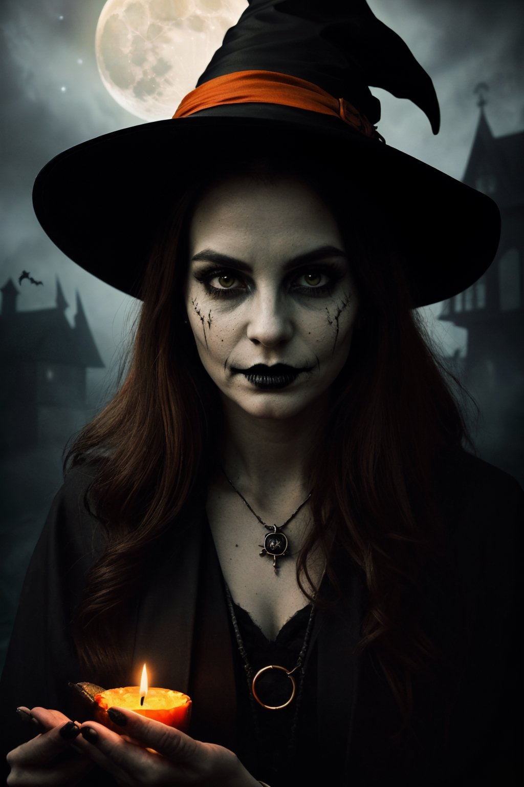 (halloween, vivid colors, dark atmosphere, spooky, witchcraft, magic, mystical, moonlit night, eerie mist, haunted, supernatural, candlelit, black cat, creepy, ghostly, mysterious, haunted house) ,(portraits, realistic, bold, detailed features, expressive eyes, intense gaze, lifelike skin texture, intricate facial hair, mesmerizing, distinctive, charismatic),(medium:oil painting, rich texture, vibrant brushstrokes, dramatic lighting, chiaroscuro, depth, contrast, atmospheric),(potion, cauldron, spellbook, broomstick, witch hat, witch's robes, pointed hat, pumpkin, jack-o-lantern, spiderweb, bats, full moon, skeleton, graveyard),(best quality, high-res),(dark, moody, eerie colors, deep shadows, rich hues, black and orange, mysterious, magical, hauntingly beautiful)