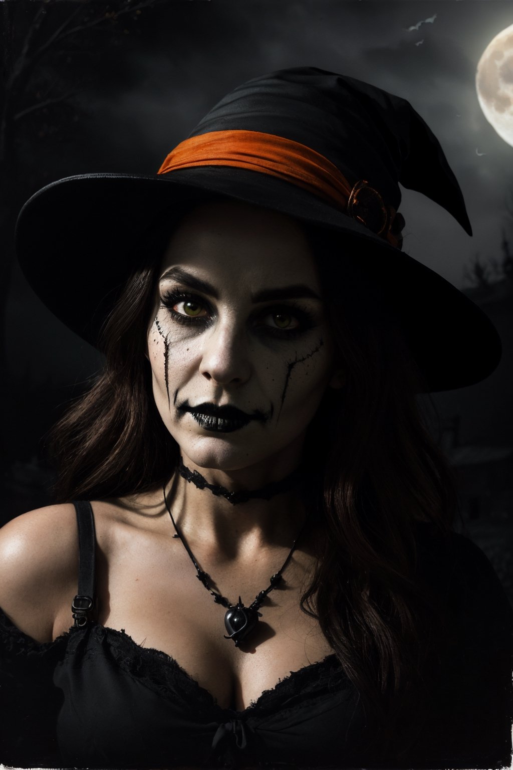 (halloween, vivid colors, dark atmosphere, spooky, witchcraft, magic, mystical, moonlit night, eerie mist, haunted, supernatural, candlelit, black cat, creepy, ghostly, mysterious, haunted house) ,(portraits, realistic, bold, detailed features, expressive eyes, intense gaze, lifelike skin texture, intricate facial hair, mesmerizing, distinctive, charismatic),(medium:oil painting, rich texture, vibrant brushstrokes, dramatic lighting, chiaroscuro, depth, contrast, atmospheric),(potion, cauldron, spellbook, broomstick, witch hat, witch's robes, pointed hat, pumpkin, jack-o-lantern, spiderweb, bats, full moon, skeleton, graveyard),(best quality, high-res),(dark, moody, eerie colors, deep shadows, rich hues, black and orange, mysterious, magical, hauntingly beautiful)