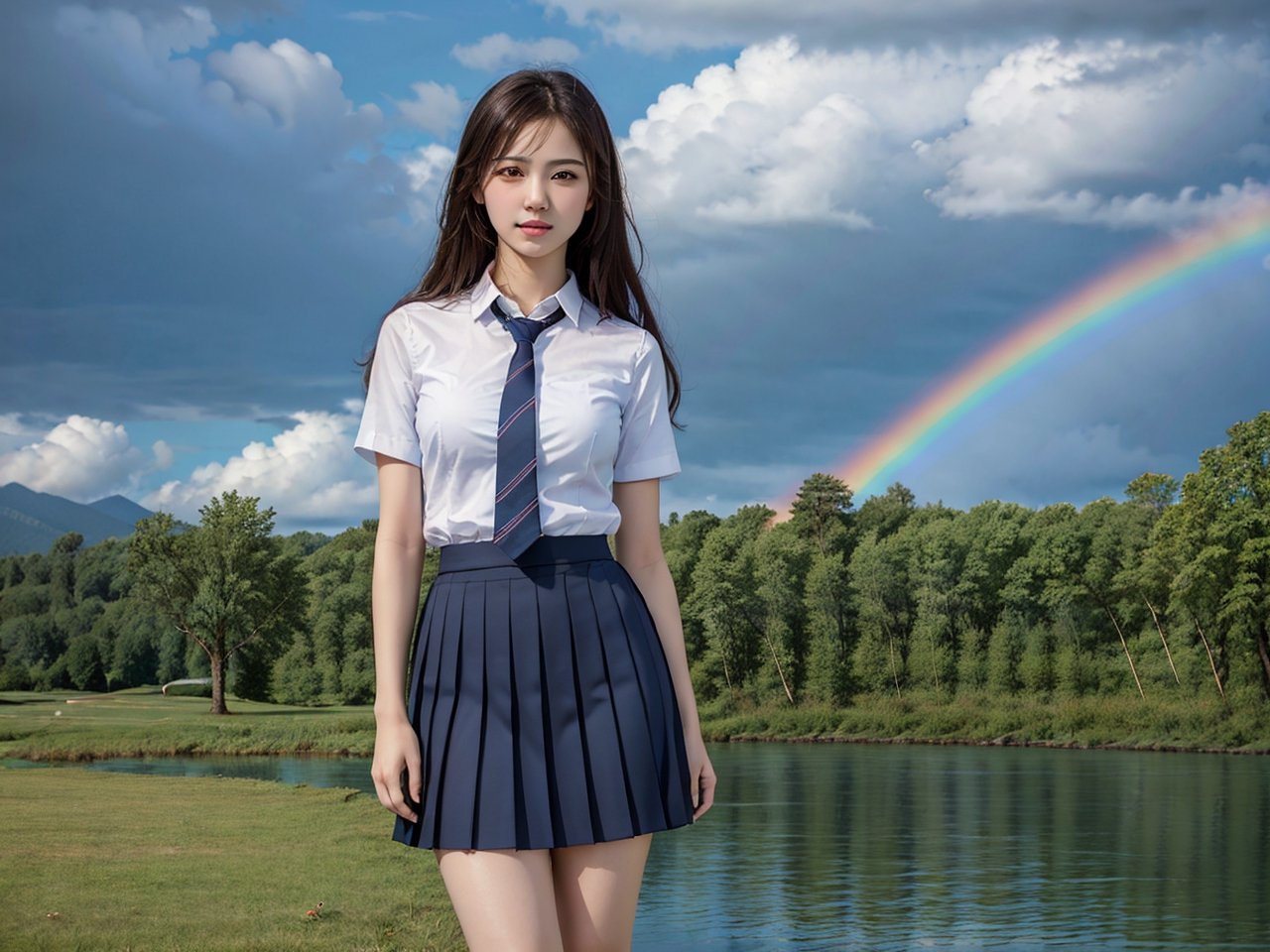 best quality,(masterpiece::1.2),ultra detailed,(photo realistic::1.4),high_school_girl,rainbowsky_background,Filipina ,full body shot