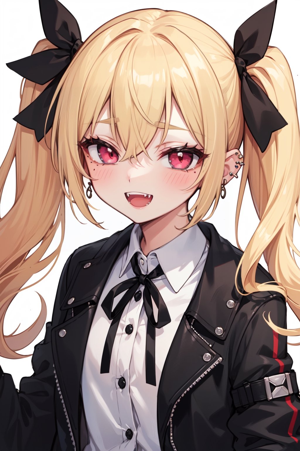 1girl, solo, chain, earrings, jewelry, long_hair, open_mouth, looking_at_viewer, smile, :d, piercing, sharp_teeth, twintails, ear_piercing, fangs, mole, upper_body, blonde_hair, teeth, blush, ribbon, jacket, hair_ribbon, eyebrows_visible_through_hair