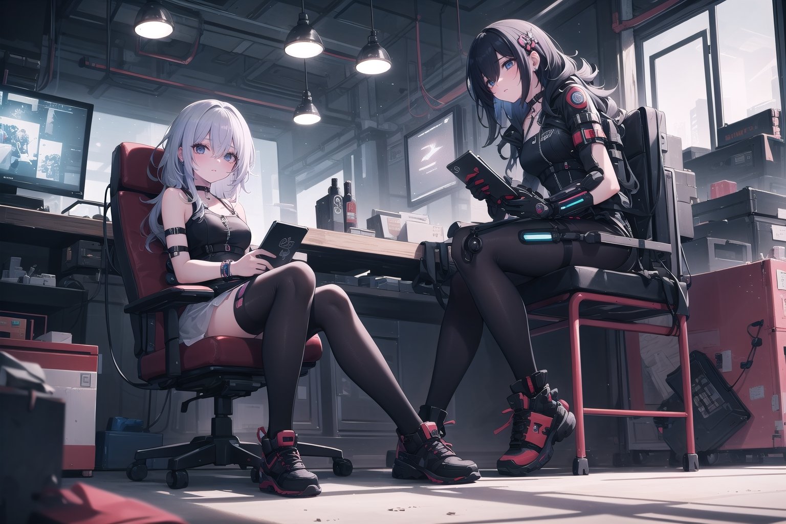 1girl, machinezed girl, mechanical parts,science fiction, cyberpunk,
choker, wavy hair, hair over eyes, Fantastic atmosphere,sitting , masterpiece, best quality, aesthetic,