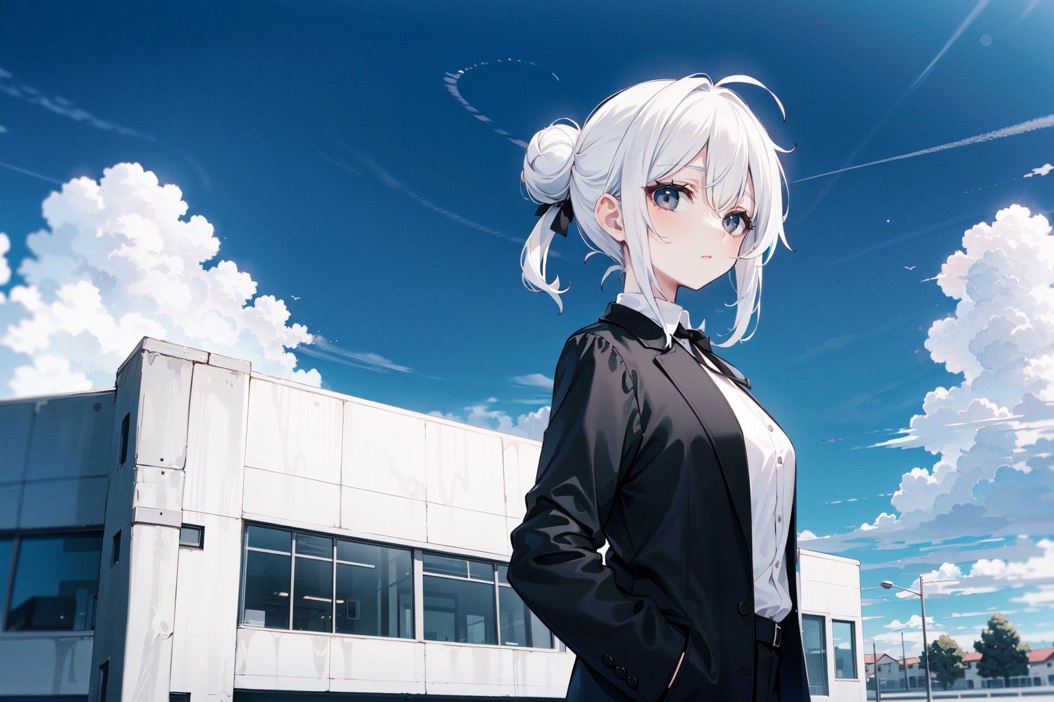 sole_female, mature female, pale skin, white hair, straight hair, high bun, black eyes, loose plain short black office jacket, plain white shirt, plain white formal pants, white shoes, portrait, blue sky, clouds, scenery, Detailedface, high_res, high quality, masterpiece, 8K