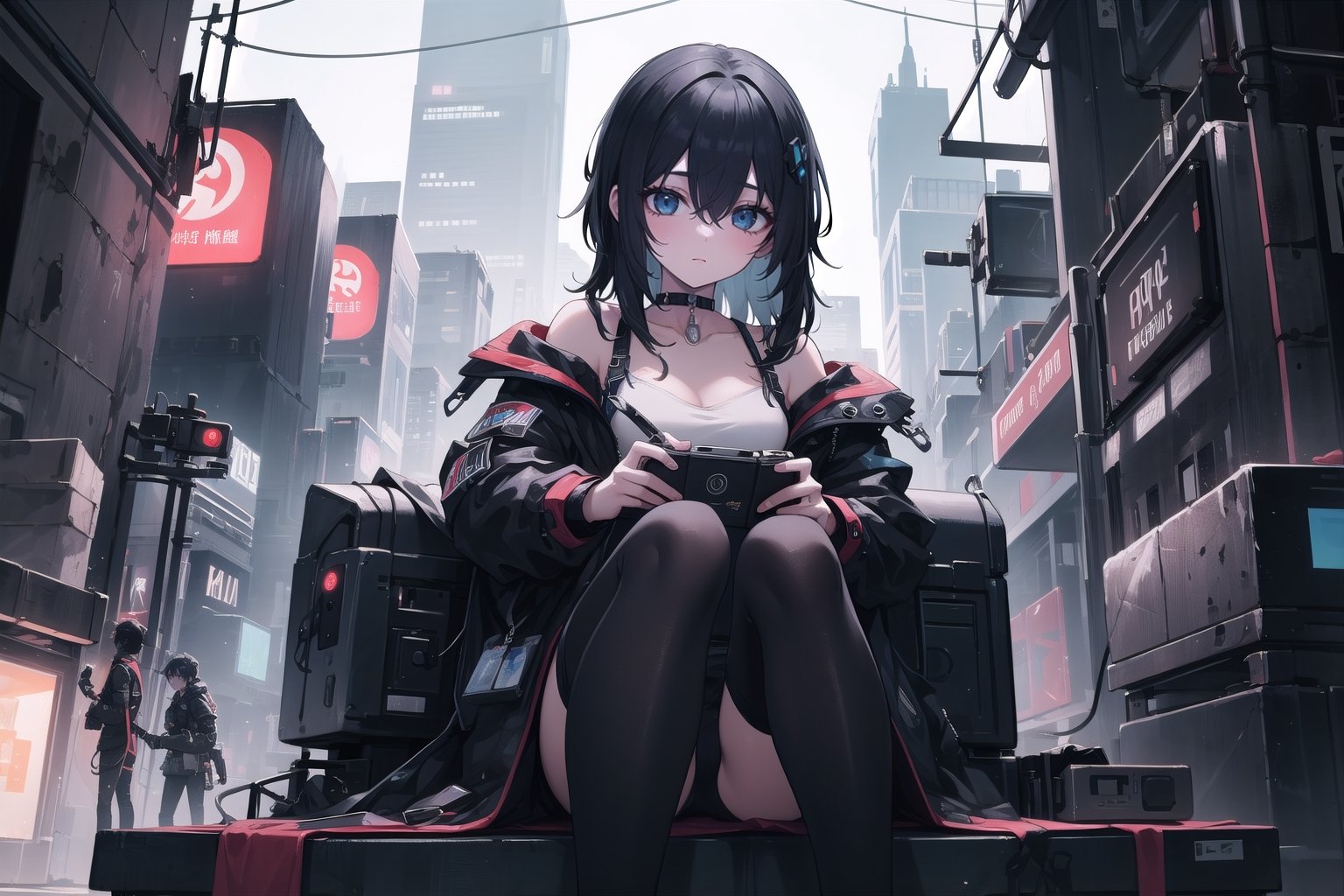 1girl, machinezed girl, mechanical parts,science fiction, cyberpunk,
choker, wavy hair, hair over eyes, Fantastic atmosphere,sitting , masterpiece, best quality, aesthetic,