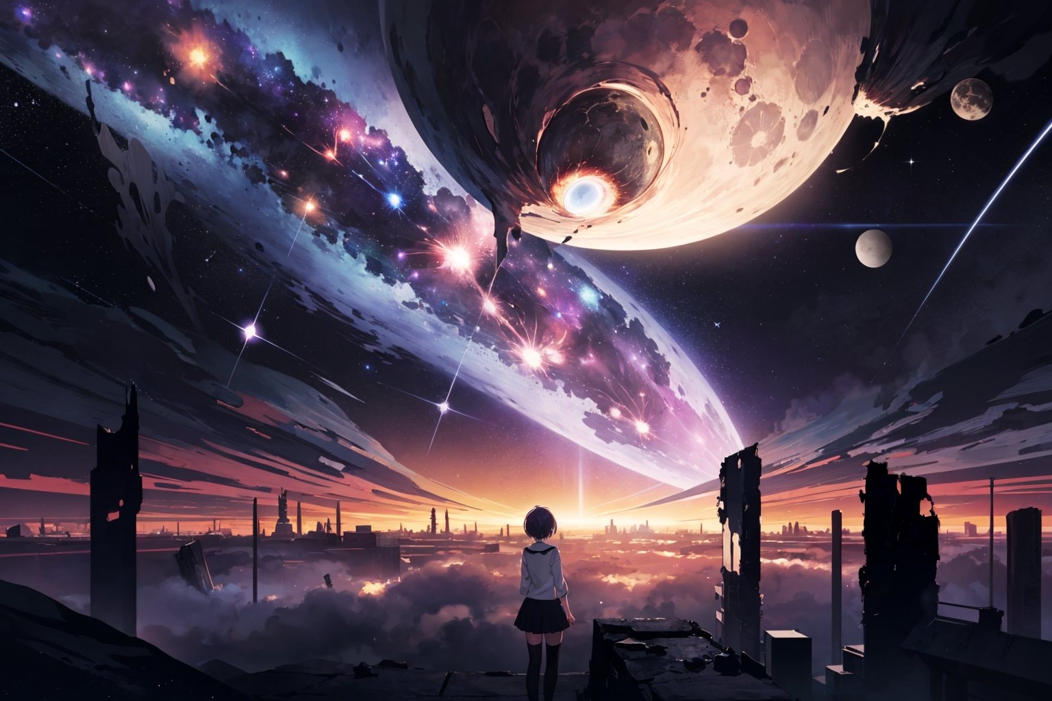 (analog film), (best quality, masterpiece), sunrise, anime girl, tall with short skirt, long black stockings, nice medium breasts, short hair, short purple hair, medium length, silhouette, landscape, milky way, high quality, 4K, big moon, star shower, planets, end of the world, galaxies, storms, meteor shower, black hole, universes, dark matter, dark energy, immense light, destroyed cities, nebula, two moons, giant planet in background, two moons impacting, space explosions, fantastic animals, space creatures, masterpiece, best quality