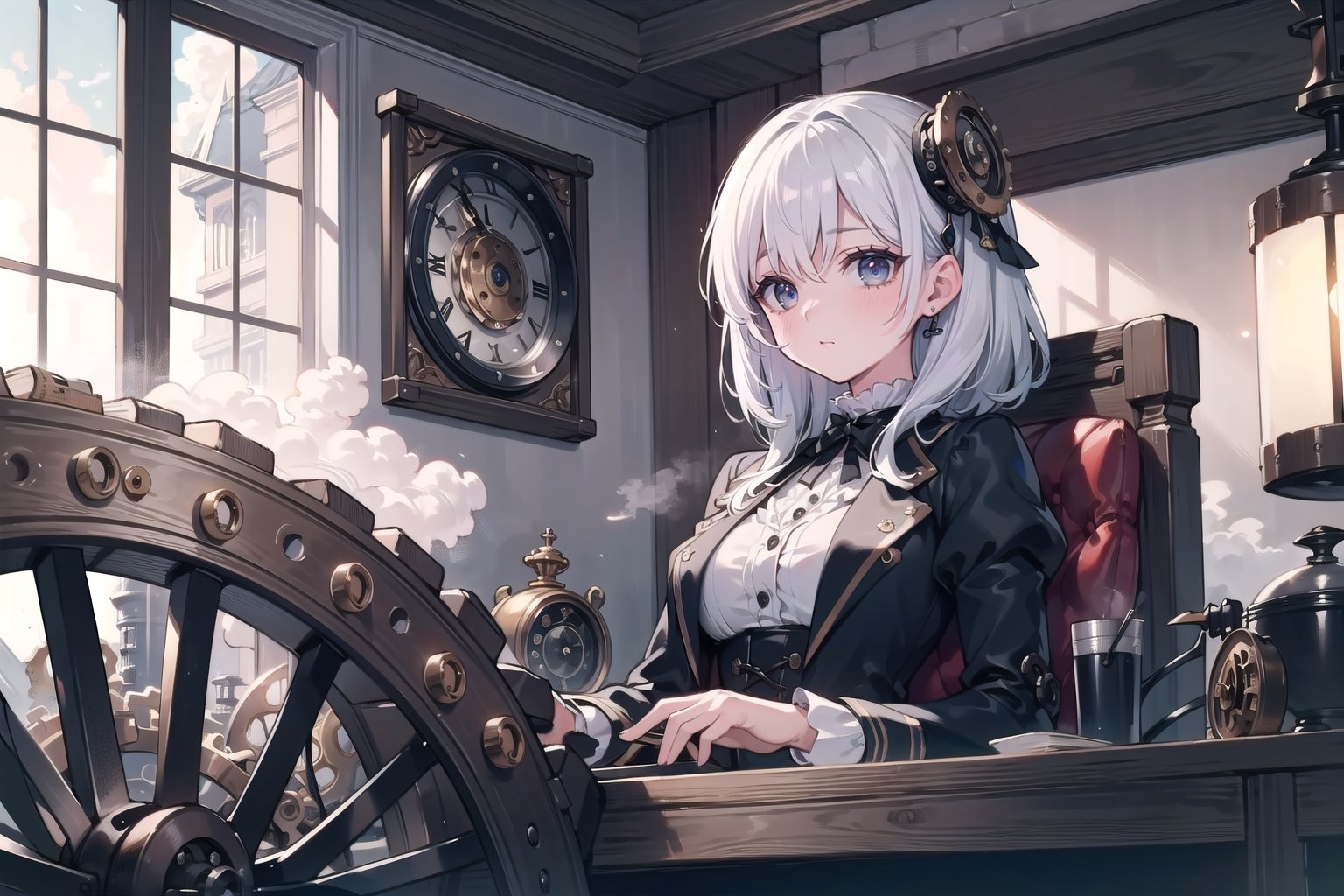 vibrant colors, female, masterpiece, sharp focus, best quality, depth of field, cinematic lighting, ((solo, one woman )), (illustration, 8k CG, extremely detailed), masterpiece, ultra-detailed, photograph, Gears, Cogs, Steam-powered Contraptions, Victorian Era, Airships, Clockwork Devices, Steampunk Girl, Steampunk Character