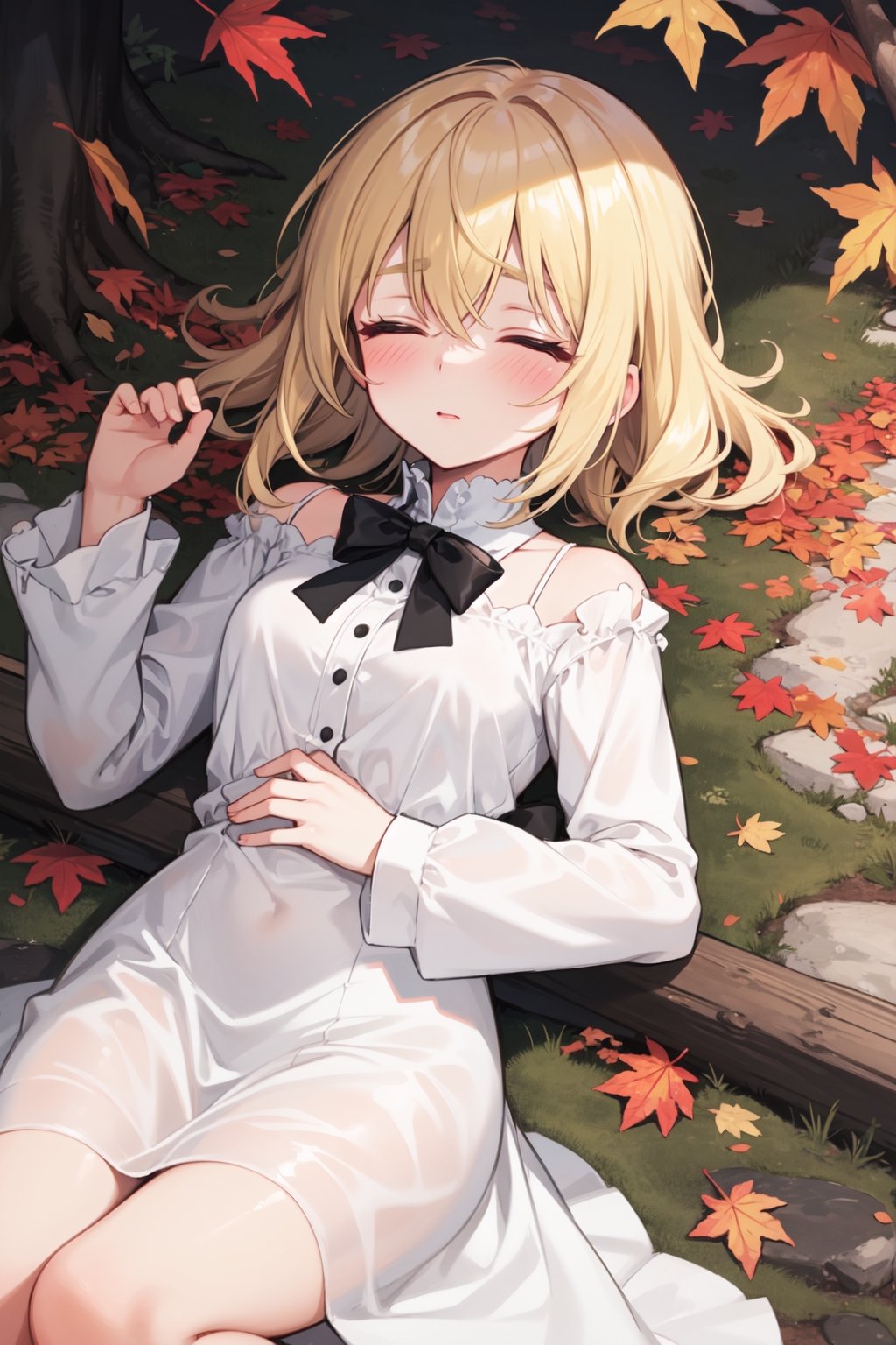 1girl, dress, autumn_leaves, closed_eyes, solo, white_dress, autumn, long_sleeves, on_back, lying, outdoors, parted_lips, closed_mouth, bangs, blush, eyebrows_visible_through_hair, blonde_hair, leaf, tree, sleeping