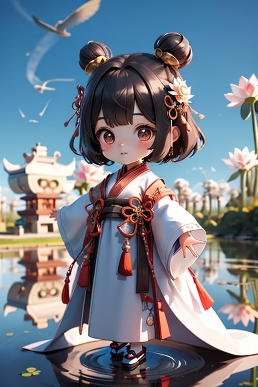 Guofeng_blindbox, Best quality, masterpiece, 1 meo beauty chibi🦌😉girl, solo, blindbox 3D character, a Chinese girl in white Hanfu,Standing in the lotus leaf, set in a Chinese-style scene, brigde, ((lotus:1.2)), reflection, blue sky,  