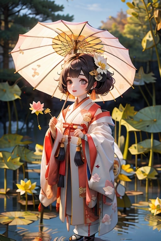 Guofeng_blindbox, Best quality, masterpiece, 1  meo beauty chibi🦌😉girl with deer-antlers, solo, MiniatureCore, Naïve art, Art Nouveau, C4D, blindbox 3D character, a Chinese girl in white Hanfu,Standing in the lotus leaf, set in a Chinese-style scene, brigde, ((lotus:1.5)), reflection, blue sky, 1girl, roujinzhi,hand holding umbrella