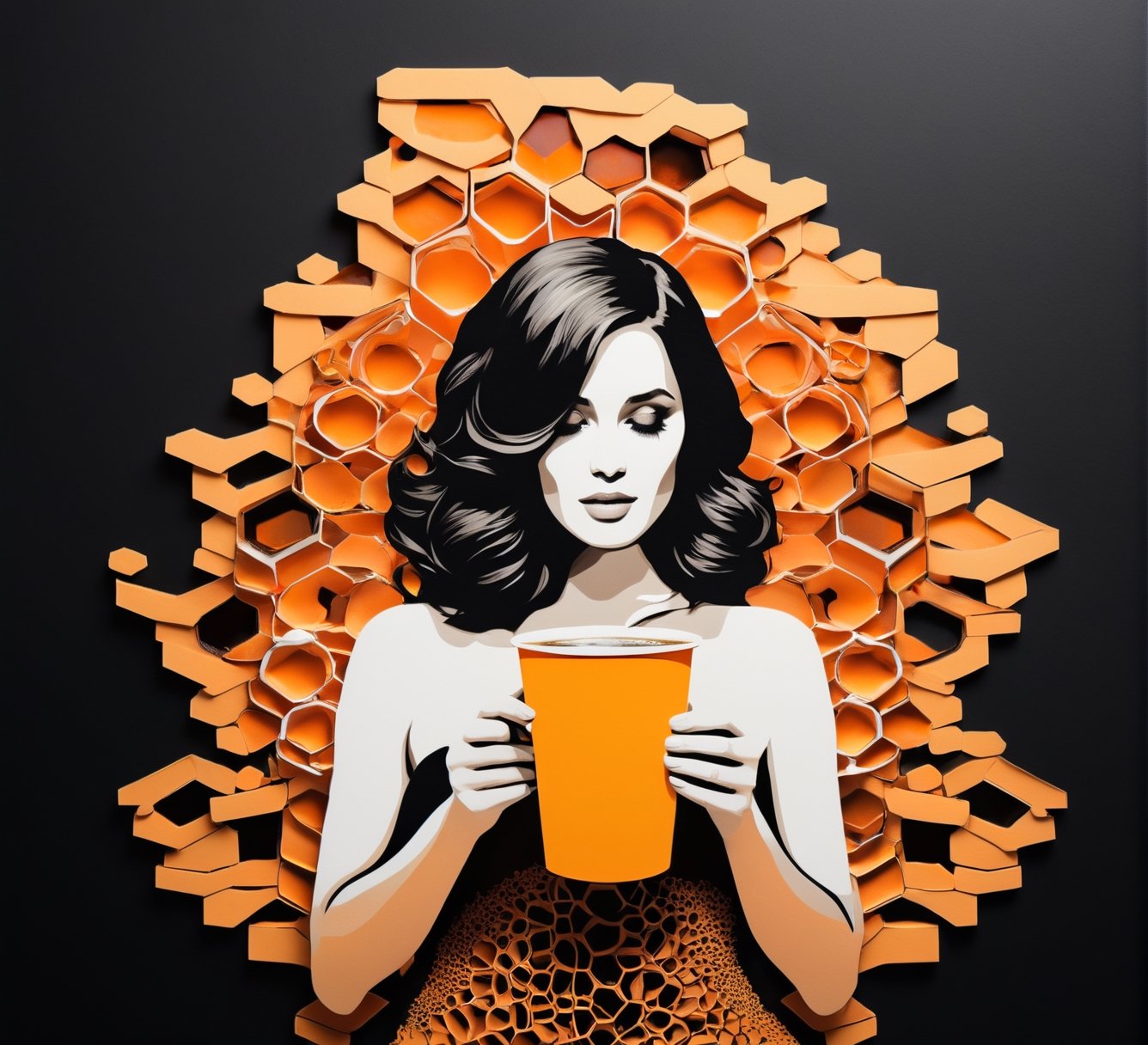 black and light orange colors, (((A degrated and burnt photo imatge))) of a stunningly digital work of an inverted honey comb pattern silhouette of a hiperrealistic and detailed Rose Byrne with a steamy paper cup of coffee in her hand , 3d render, illustration, paintingv0.1, architecture, poster, typography, photo, 3d render, portrait photography