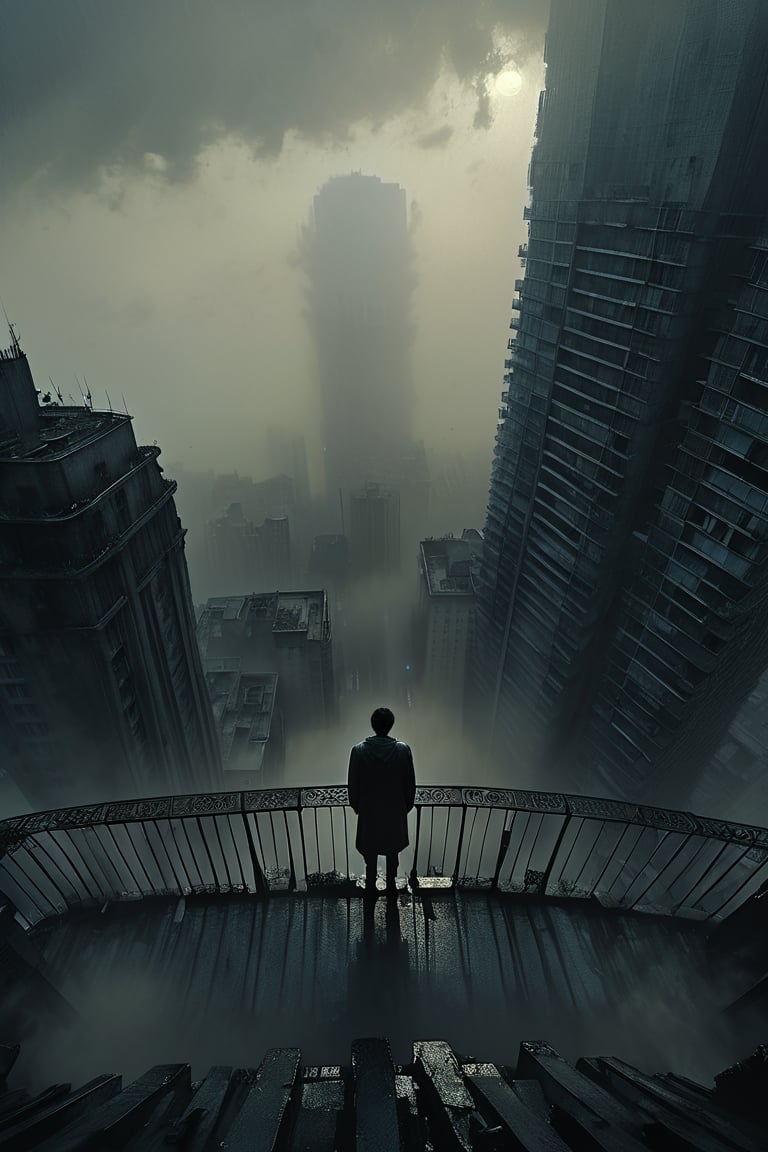  cloudy day, parkor person looking down at the street from balcony on top a giant sky scraper , looking down at streets bekbelo, , a strong fog near the building is seen overtaking the street below casting shadows, darkend sky, dark clouds, night time, art by ZdzisLaw Beksinski,
sharp focus, high quality, 4k high resolution,
dagobahlnd 