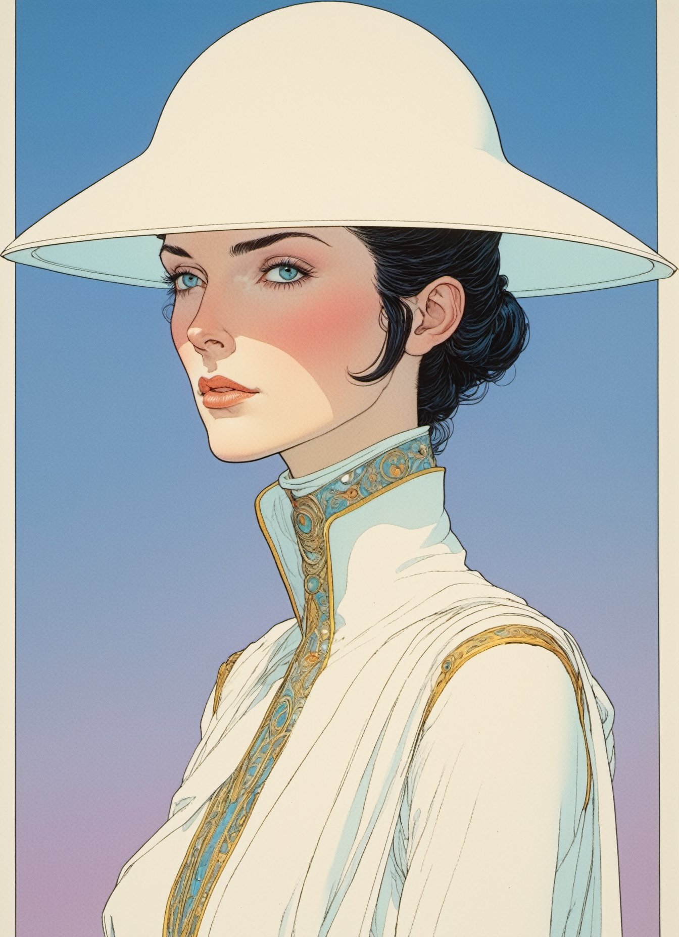 
Jean Giraud ((Moebius style)), CharacterSheet, white pale skin Niamh Algar , tall 6 feet tall , slightly raised eyebrows, (((delicate facial features))), short black hair, with a natural sheen, Multiple poses, (((side full body))), varieties expressions, Highly detailed, multiple views, photorealistic
 